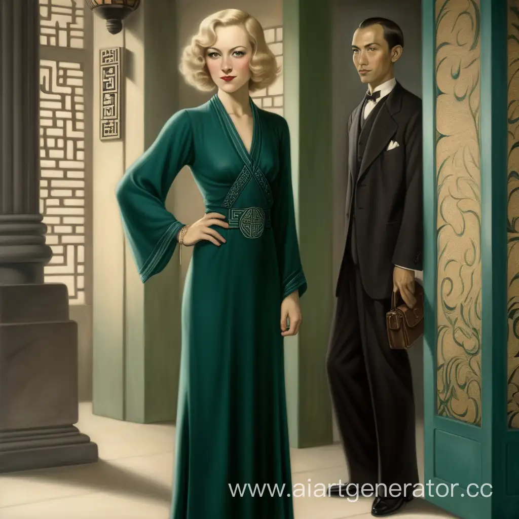 full-length portrait: thirty-year-old affluent French woman with blond hair and green eyes, neat little nose, on the face of a slight pleasant smile, the woman is fond of Eastern philosophy and Chinese metaphysics, dressed in a strict dress, in america 1932 in the setting of the call of cthulhu