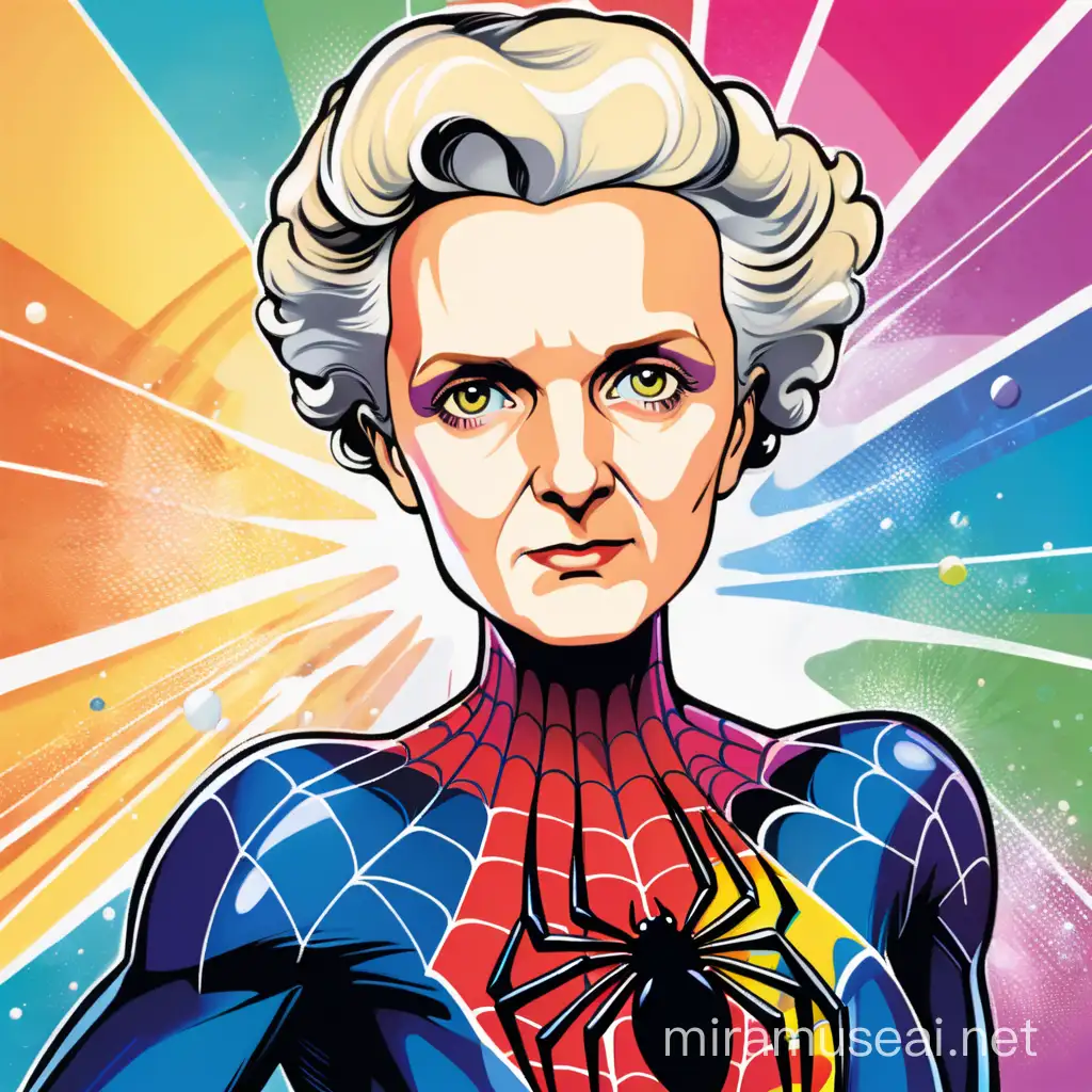 very colorful, cartoon style, Marie Curie wearing the Spider-Man suit
