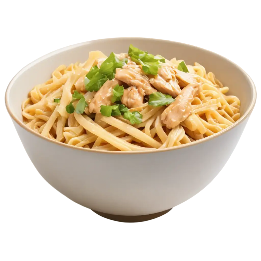 chicken noodles in a bowl with chicken pieces