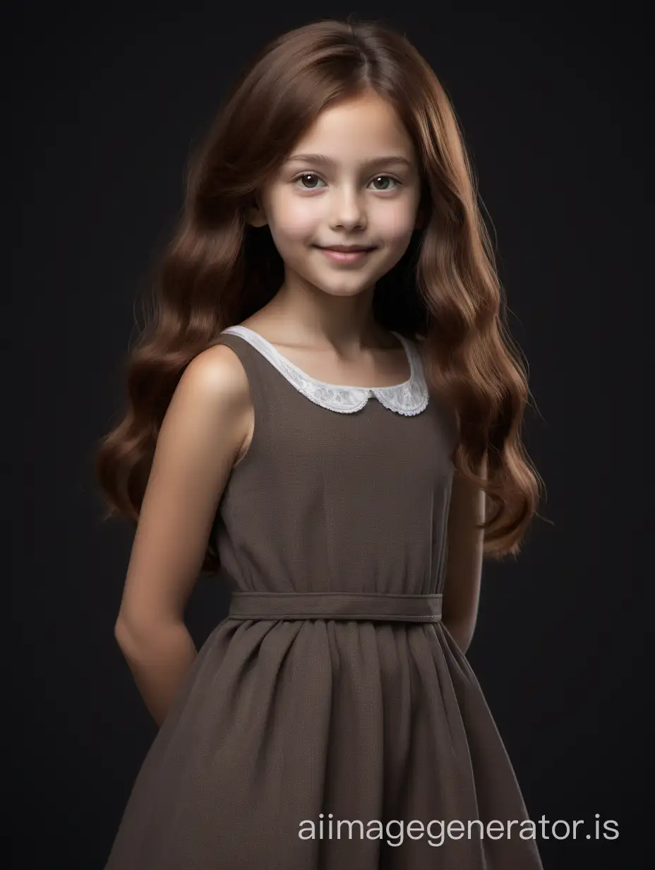 This 10-year-old girl has a slender body with graceful proportions. She has a round head with soft facial features. Her round eyes, hazel in color, radiate joy and curiosity. Her small nose is slightly upturned, giving her a friendly look. She has full, gentle lips that are often adorned with a cheerful smile. This girl's hair is long and thick, dark chestnut in color. It cascades down her back in soft waves, creating an elegant look. Her hair also has a natural shine and softness., 8K UHD, full body in image, She is standing facing the camera.