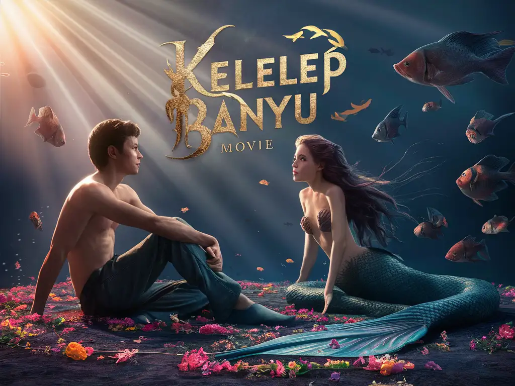 STYLIZED movie LOGO "KELELEP BANYU" a young man sitting on his side, looking up at beautiful mermaid  Numerous flowers on the ground,perfect light,sun rays,Dramatic atmosphere,Exotic fish swim around the man in the air,hyper realistic,8k