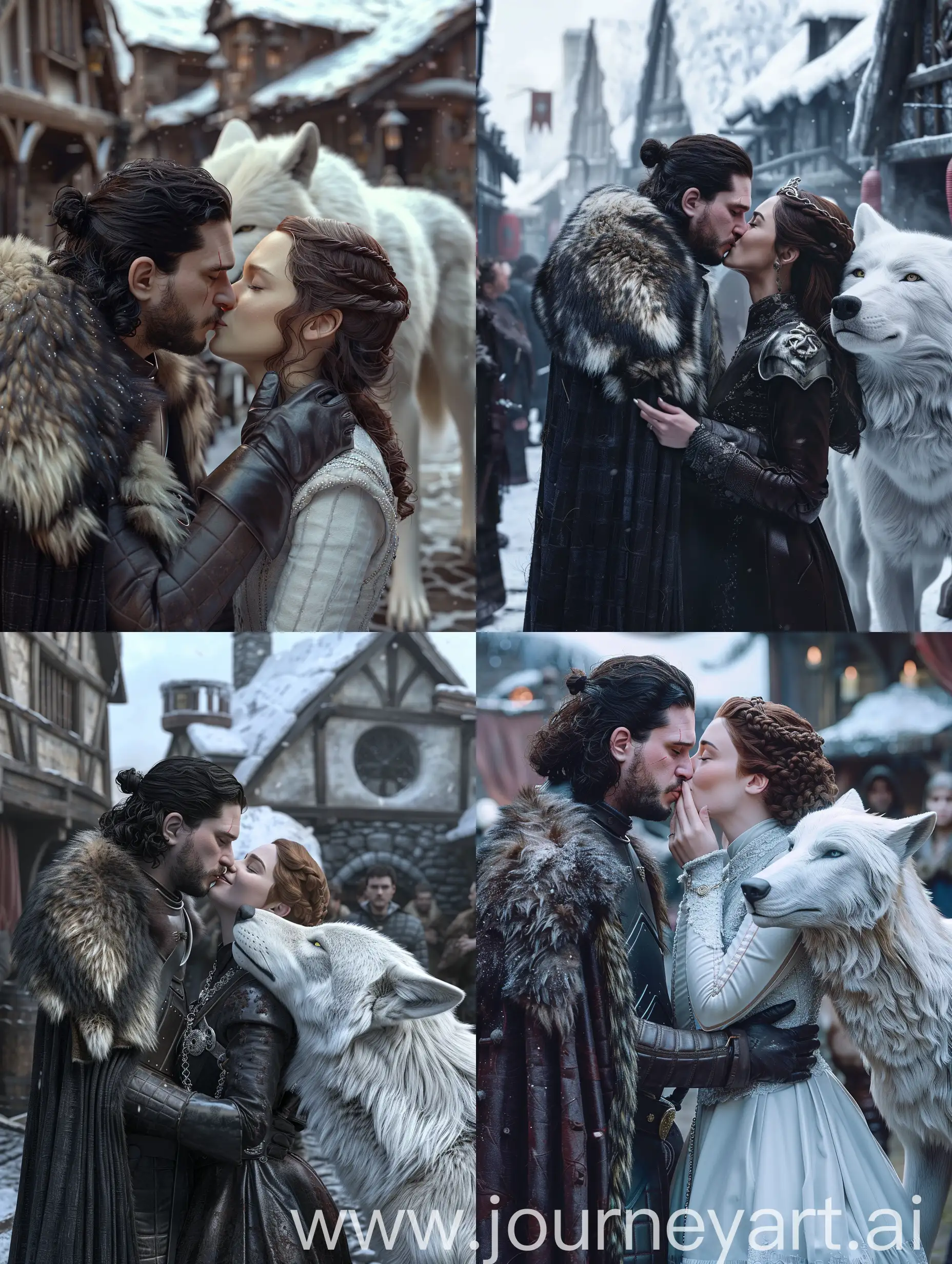 Jon Snow and Margaery Tyrell kissing, in the village, white Direwolf, photorealism, 4K, 3D  