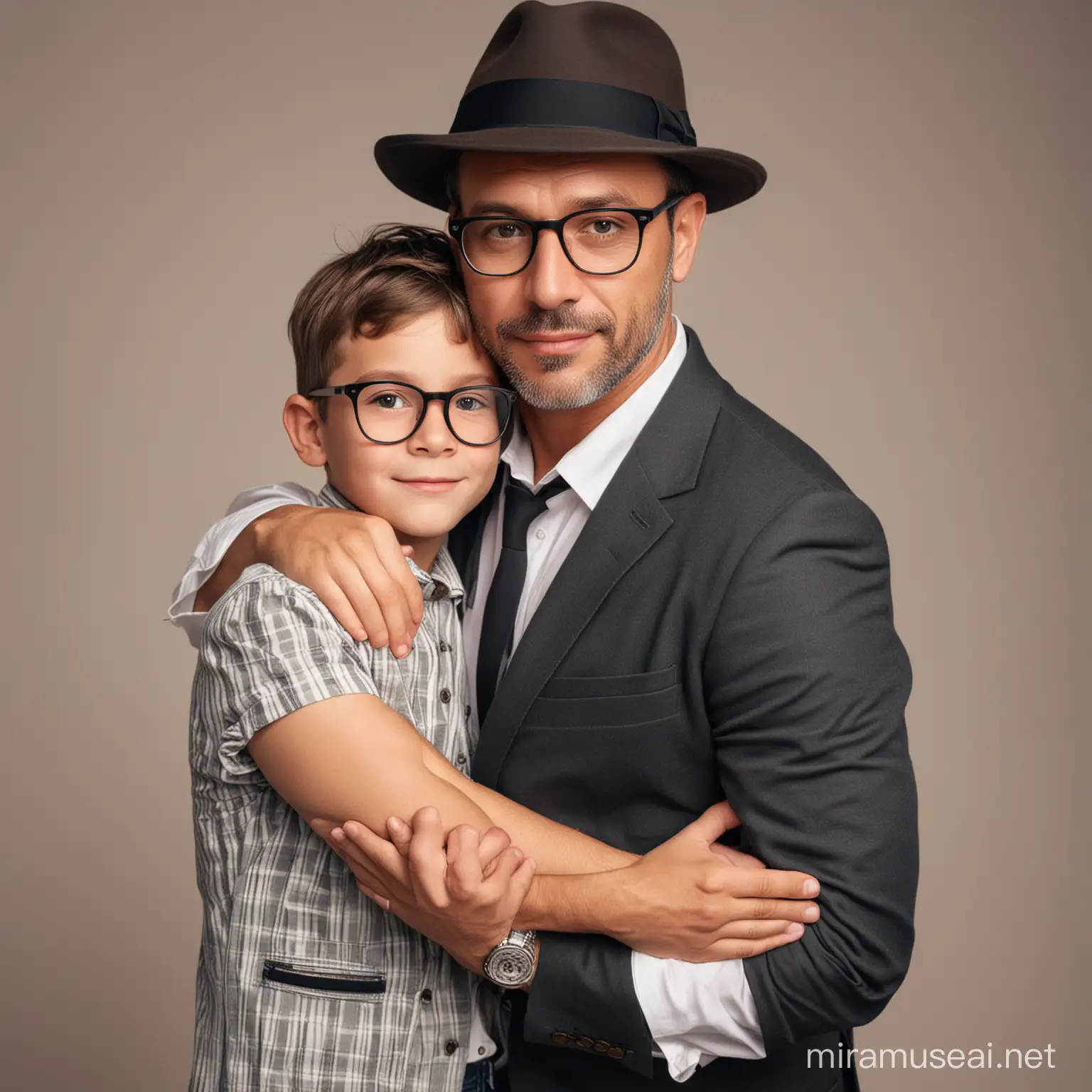 A handsome, bespectacled 46-year-old father, wearing fedora hat, wearing a blazer and shorts, was hugging his 8-year-old son, perfect body, full body detiles, close up, good anatomy.