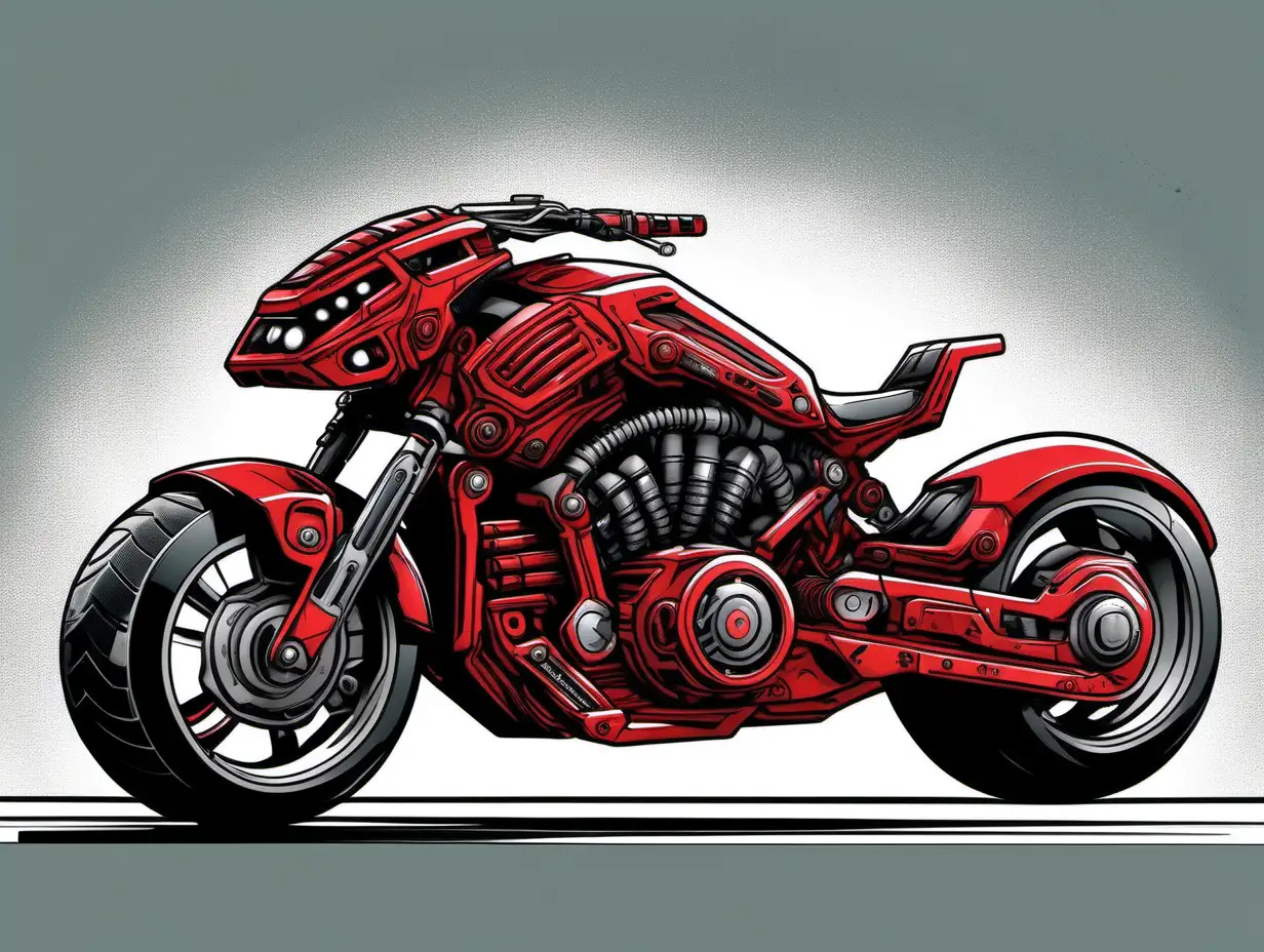 Inked comic book art style. Riderless futuristic red cyberpunk motorcycle. Grey background.