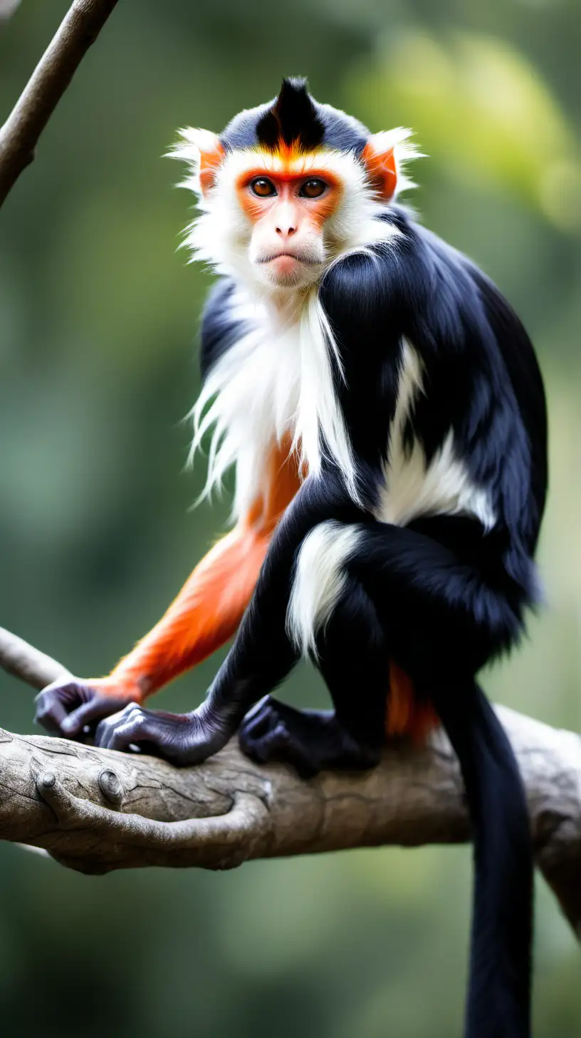 Long Black Crested White Faced Orange Monkey. Red Tail. relax on a tree branch.