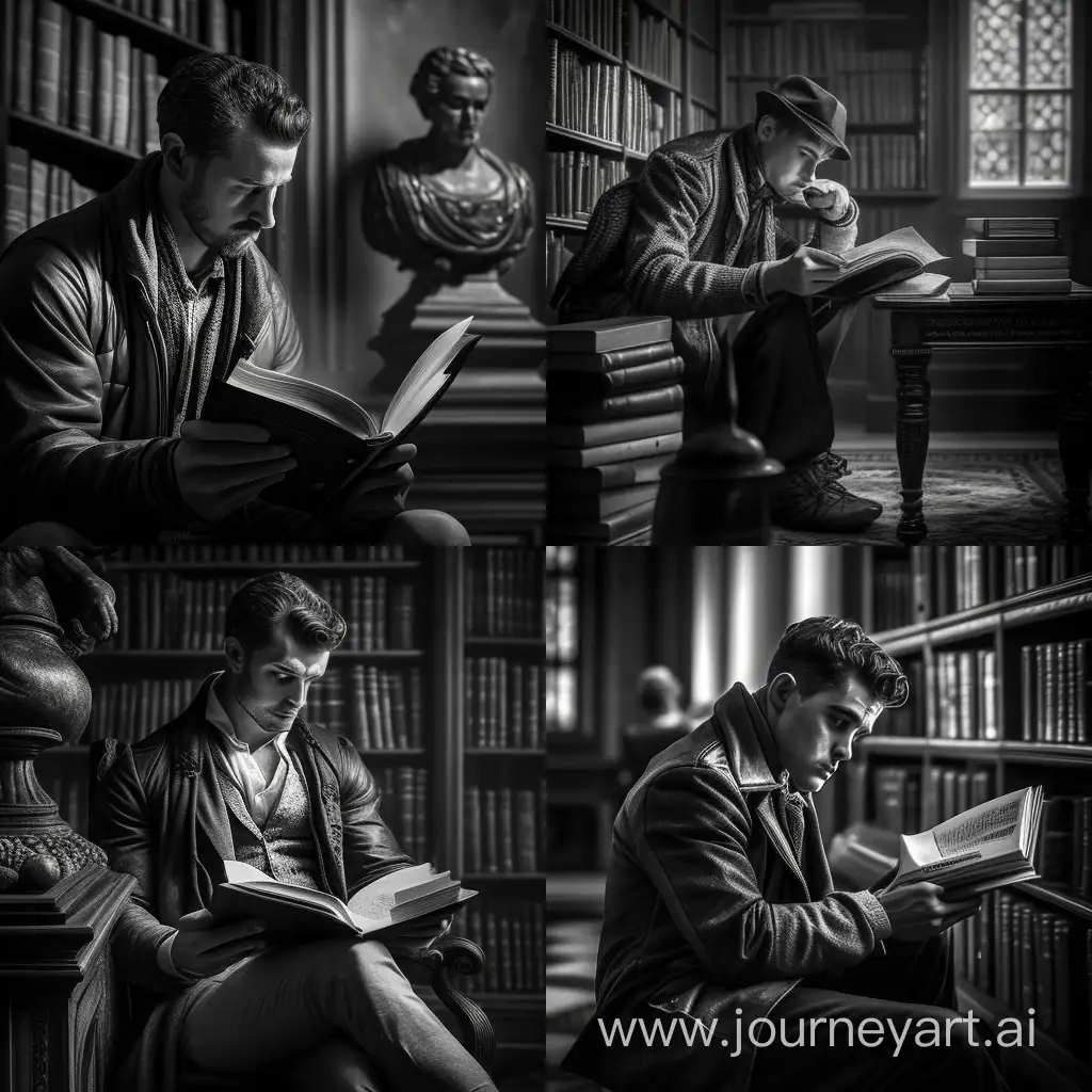 Contemplative-Man-Immersed-in-Reading-at-Vintage-Library