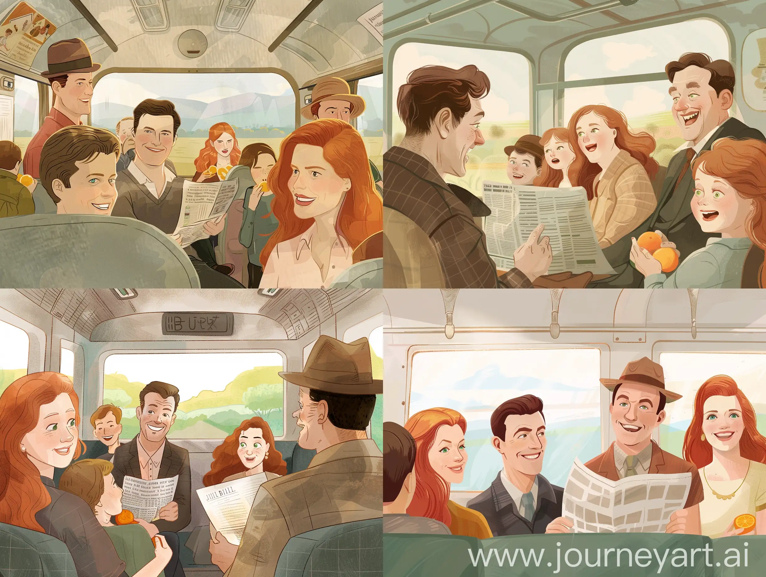 A 2D illustration of a train carriage interior in soft colors, depicting some of the characters and elements from the story. There is a man with short brown hair and a happy smile, his wife Julie with long red hair and green eyes looking bored as she gazes out the window at the English countryside going by. The tall dark stranger sits reading his newspaper, with a small smile in his eyes. The man in the brown hat laughs loudly at a joke while Bill smiles. Nearby, two children eat oranges as their tired mother looks on. Painted in a minimalistic style."