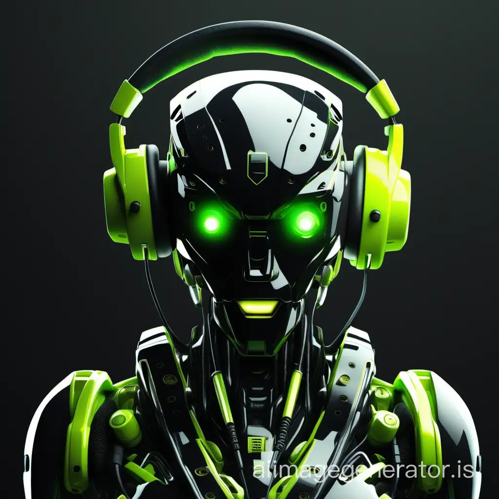 black and lime green robot humanoid with gaming headset facing forward and black background