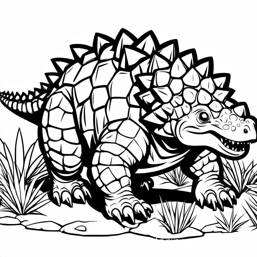 Ankylosaurus eating with a clear background, Coloring Page, black and white, line art, white background, Simplicity, Ample White Space. The background of the coloring page is plain white to make it easy for young children to color within the lines. The outlines of all the subjects are easy to distinguish, making it simple for kids to color without too much difficulty