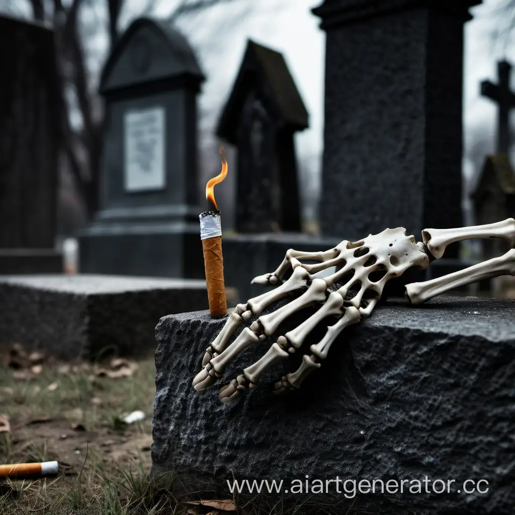 Рука скелета с сигаретой в руках торчит из кладбища