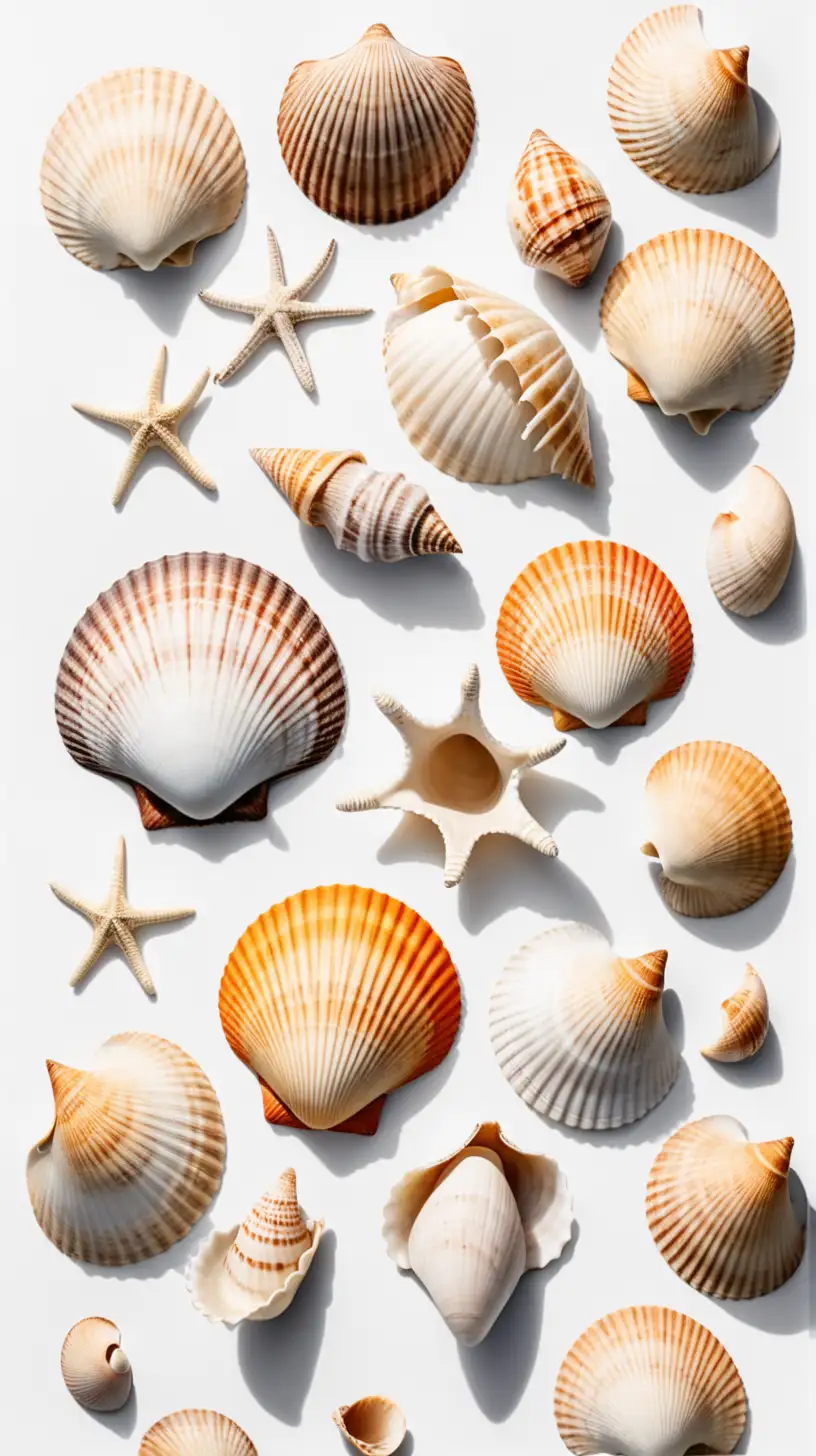8 beach shells, spread out, white background

