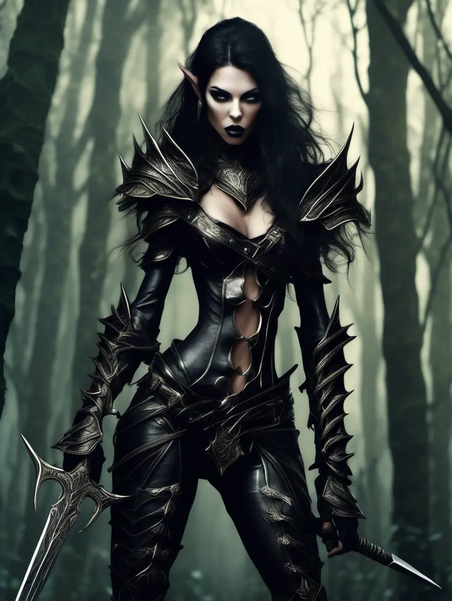 Very pretty she elf wearing a tight black leather elf bodysuit with a few armour, very long dark brown hair and razor sharp teeth in a forest holding a black sword in a detailed fantasy style 