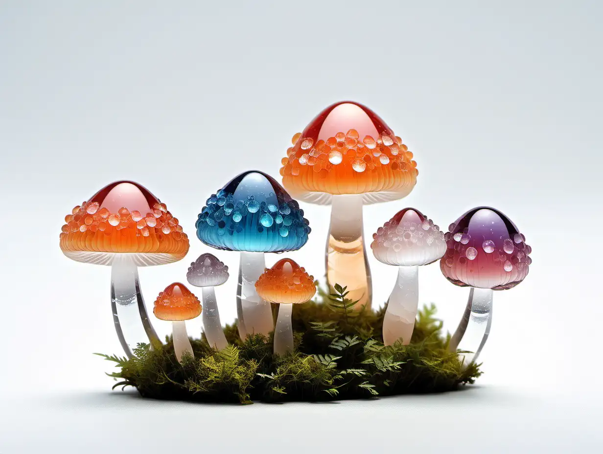 cute crystal mushrooms, white background