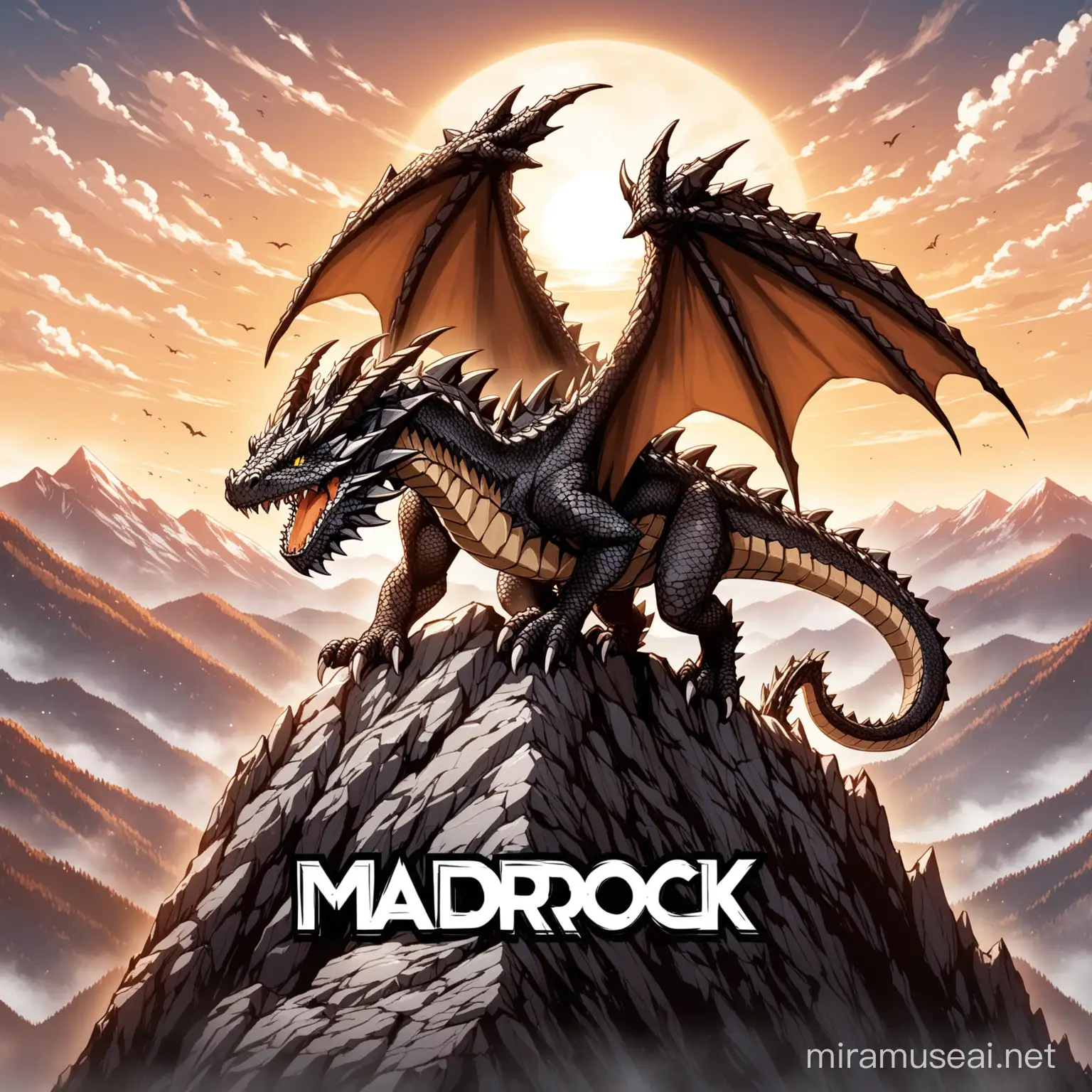 a rock dragon over a mountain with the words MadRock34 