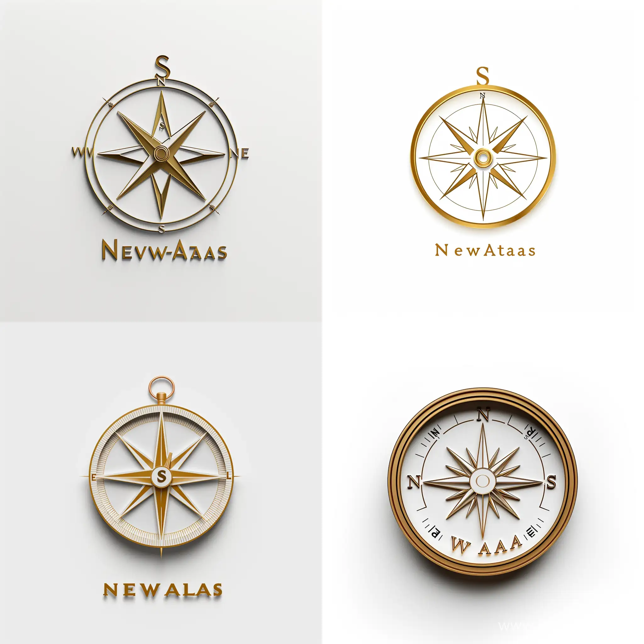 simple website logo,compass with gold lining, white background, the word "NewsAtlas" at the bottom, where the first S is the south point of the compass
