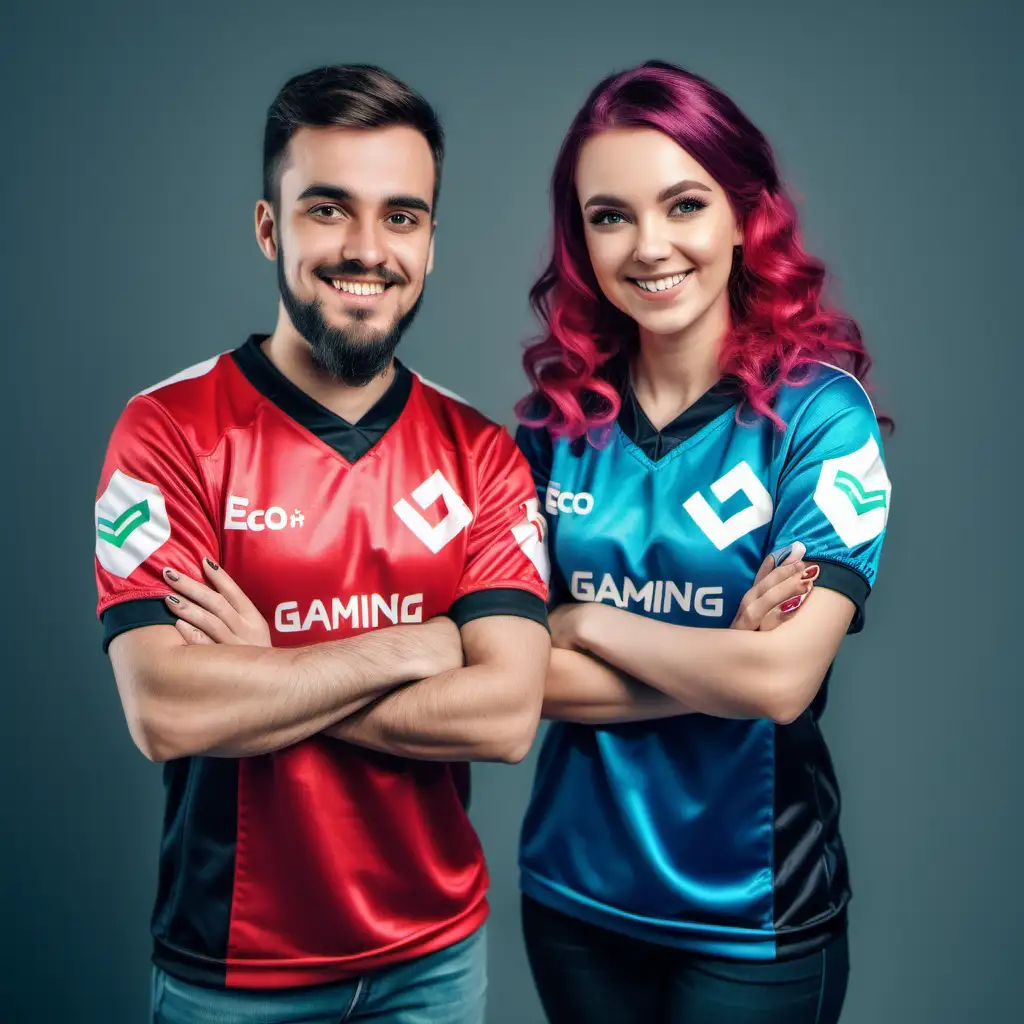 This image depicts a man and woman wearing colorful gaming jerseys. They are both posing with their arms crossed in front of them and smiling at the camera. Supporting ECO Friendly