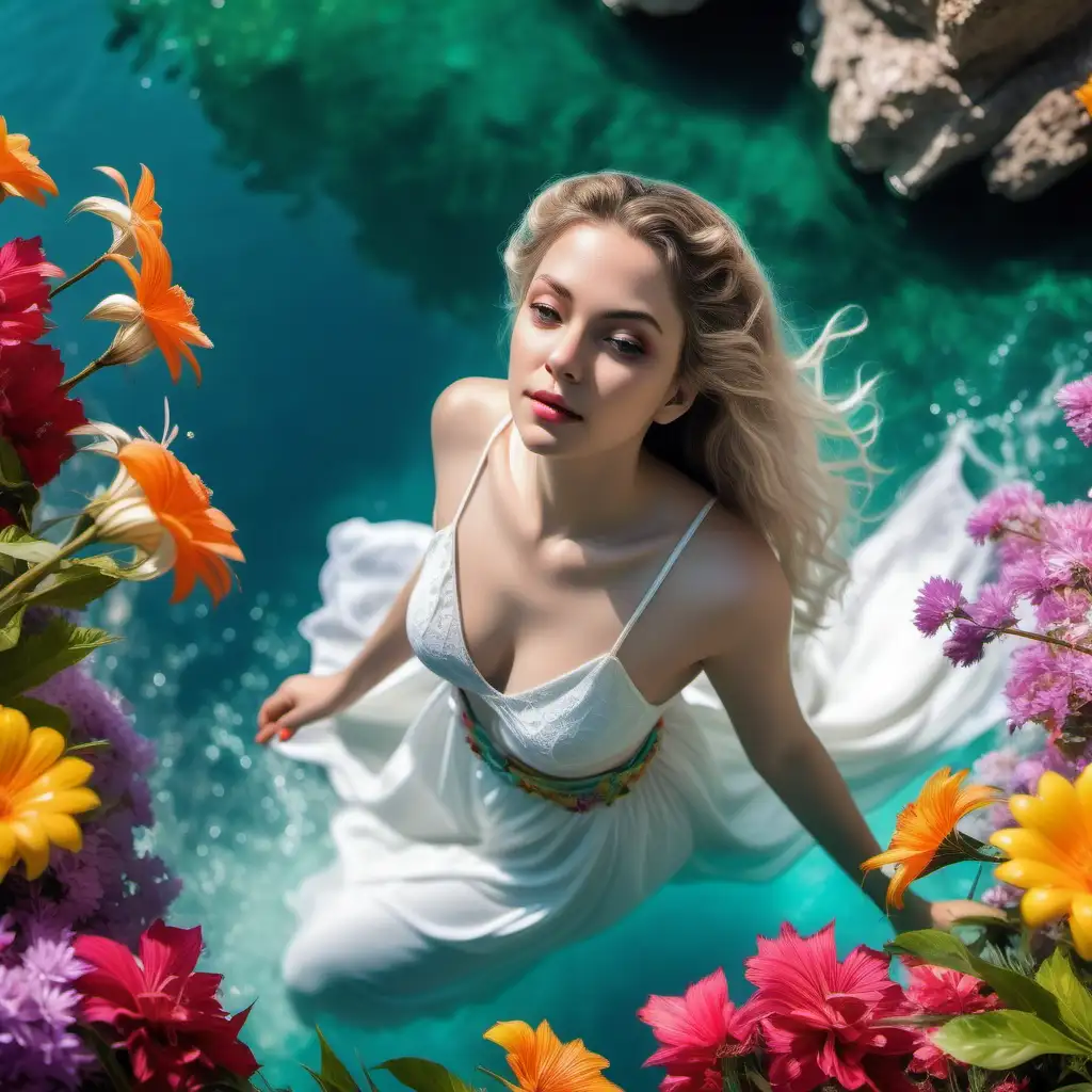 stunning woman, looking angelique and spiritual, surrounded by colouful flowers and clear water running nearby 