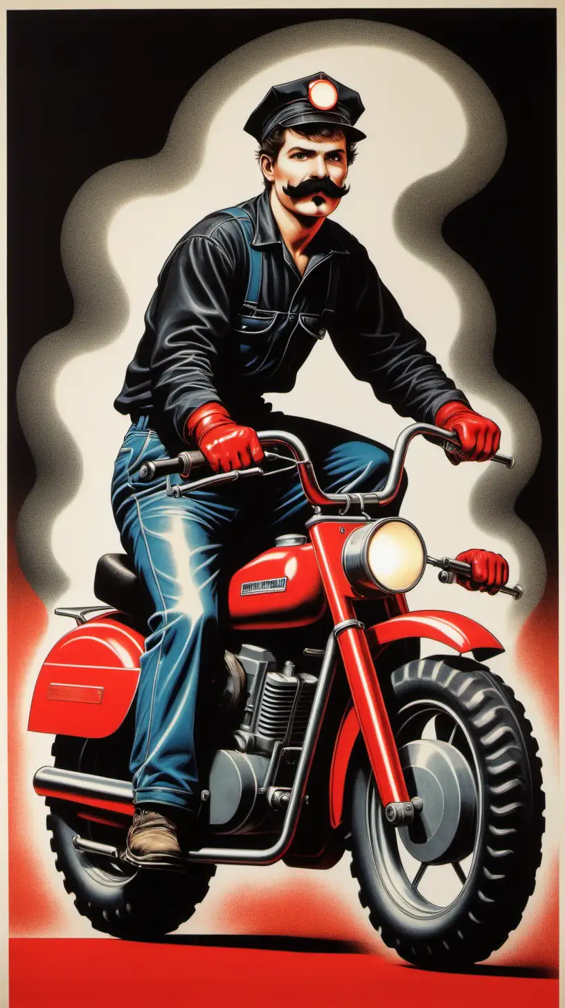 Vintage 80s Coal Miner Riding Red Motorcycle Poster