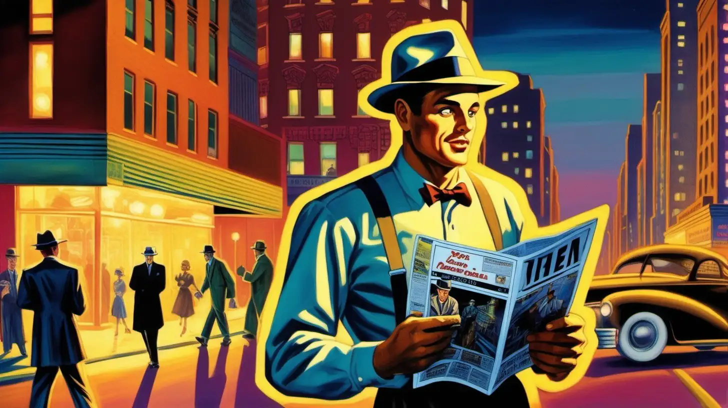 Vintage Man in Fedora with Newspaper on Neon City Street