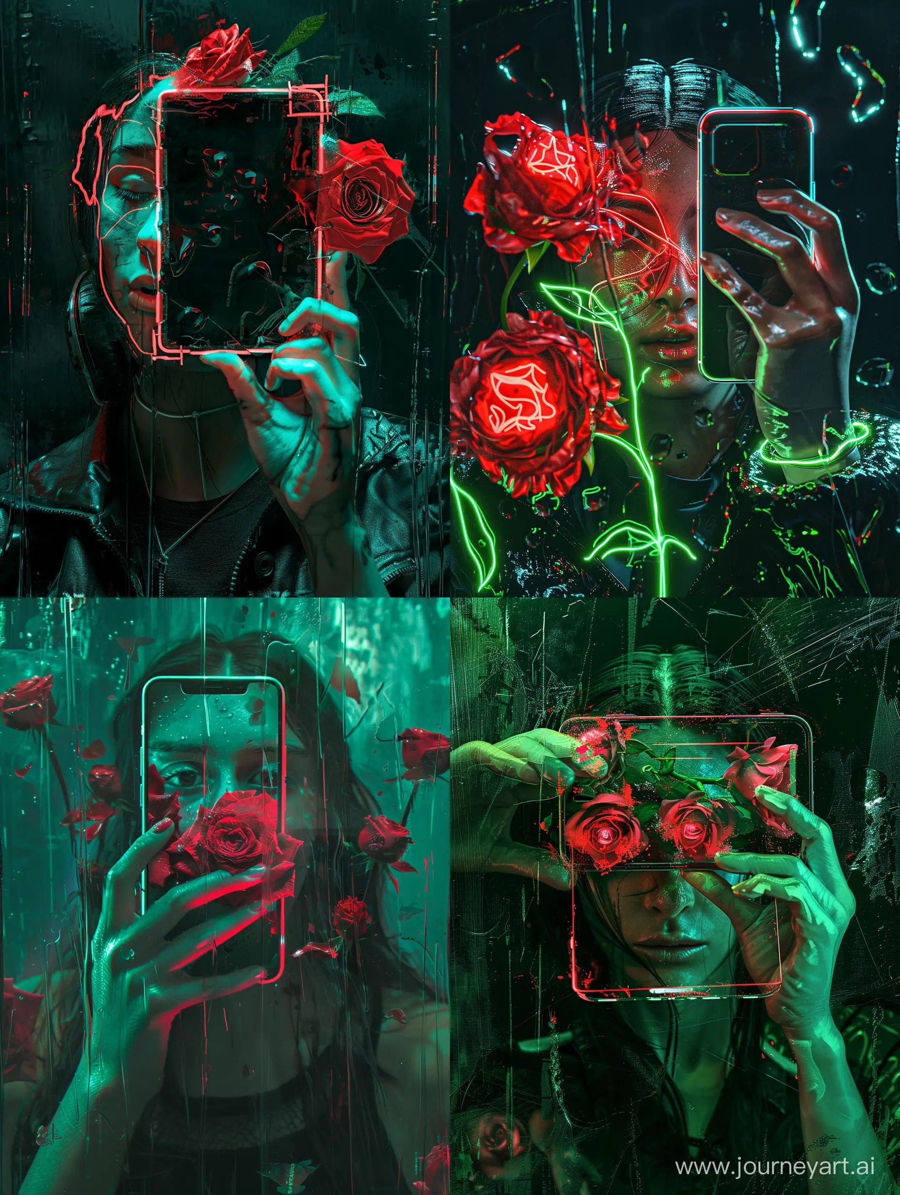 a man holding a cell phone up to her face, inspired by Cyril Rolando, trending on Artstation, digital art, red neon roses, iphone 15 background, highly detailed vfx portrait of, beautiful cameraphone, paint-on-glass painting, she is holding a smartphone, style ivan talavera and artgerm, style of charlie bowater, black and green colors