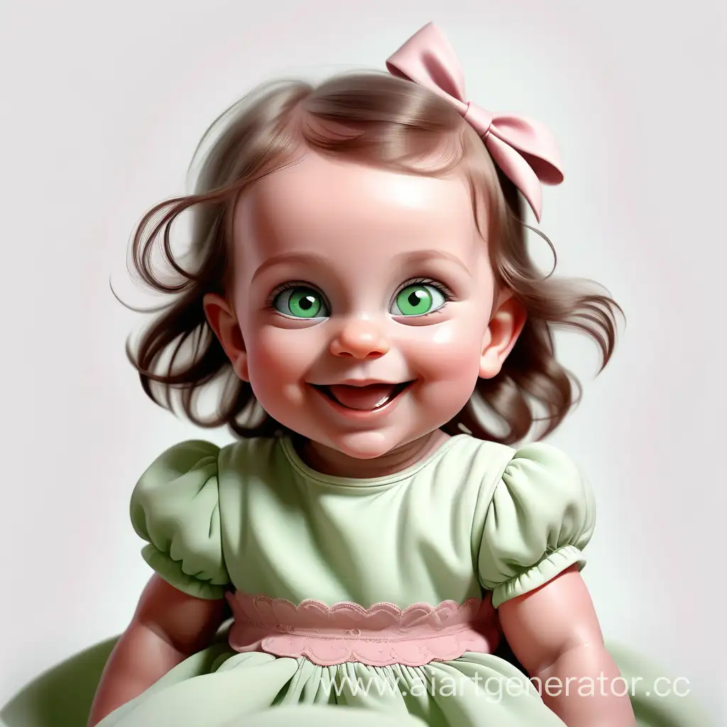 high quality, младенец улыбающаяся девочка с зелеными глазами в розовом платье на белом фоне