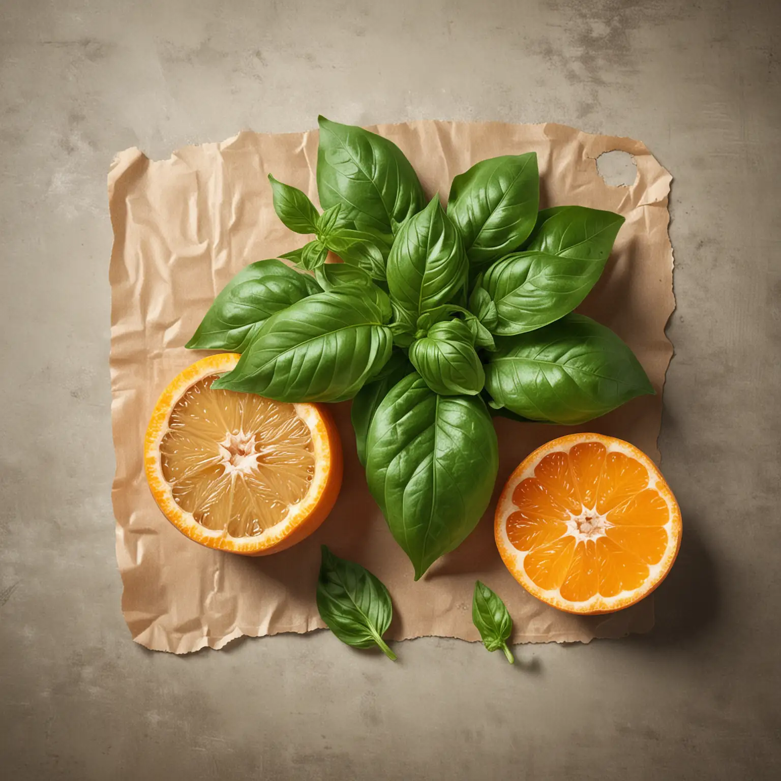 create a realistic image showing a bunch of basil and a the skin of a peeled mandarin

