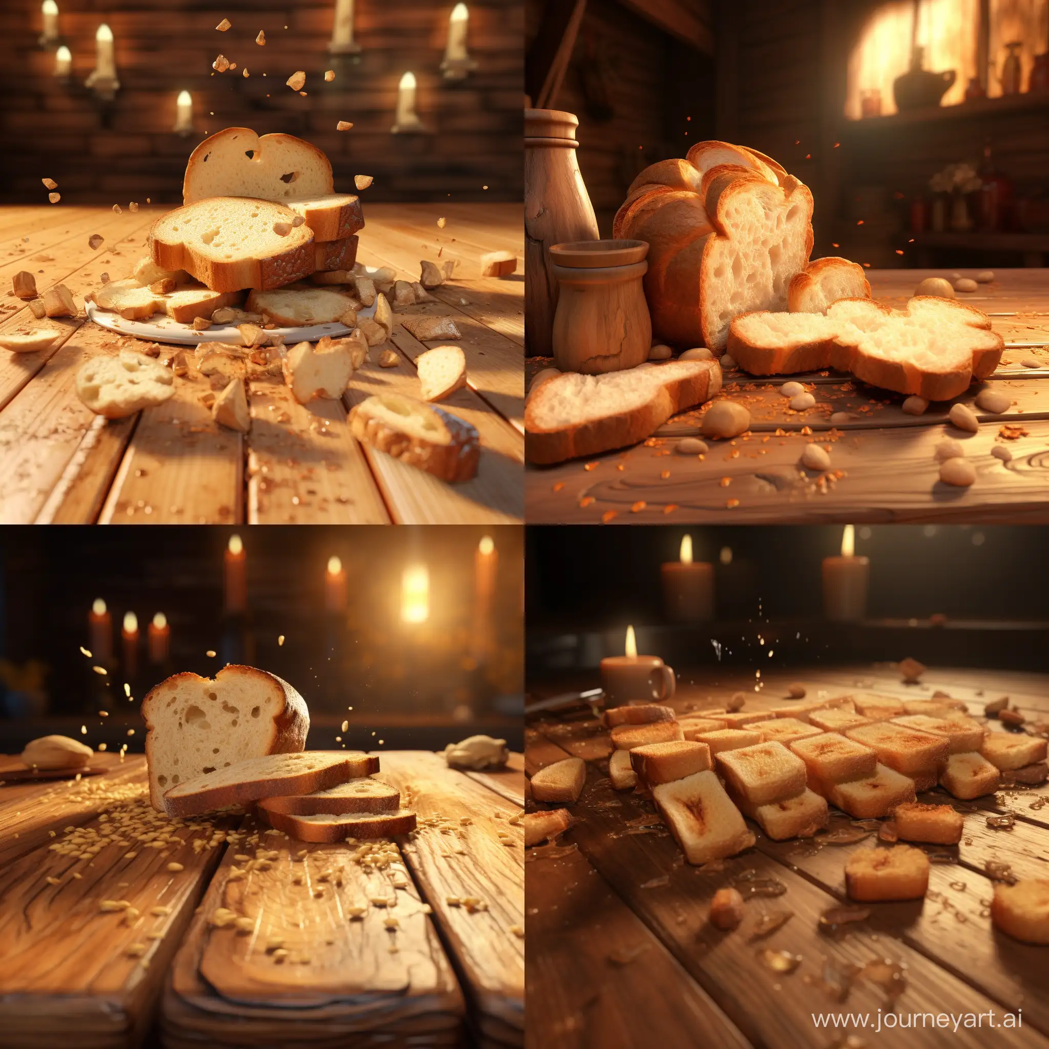 Big crumbs of bread on the table. 3D animation 