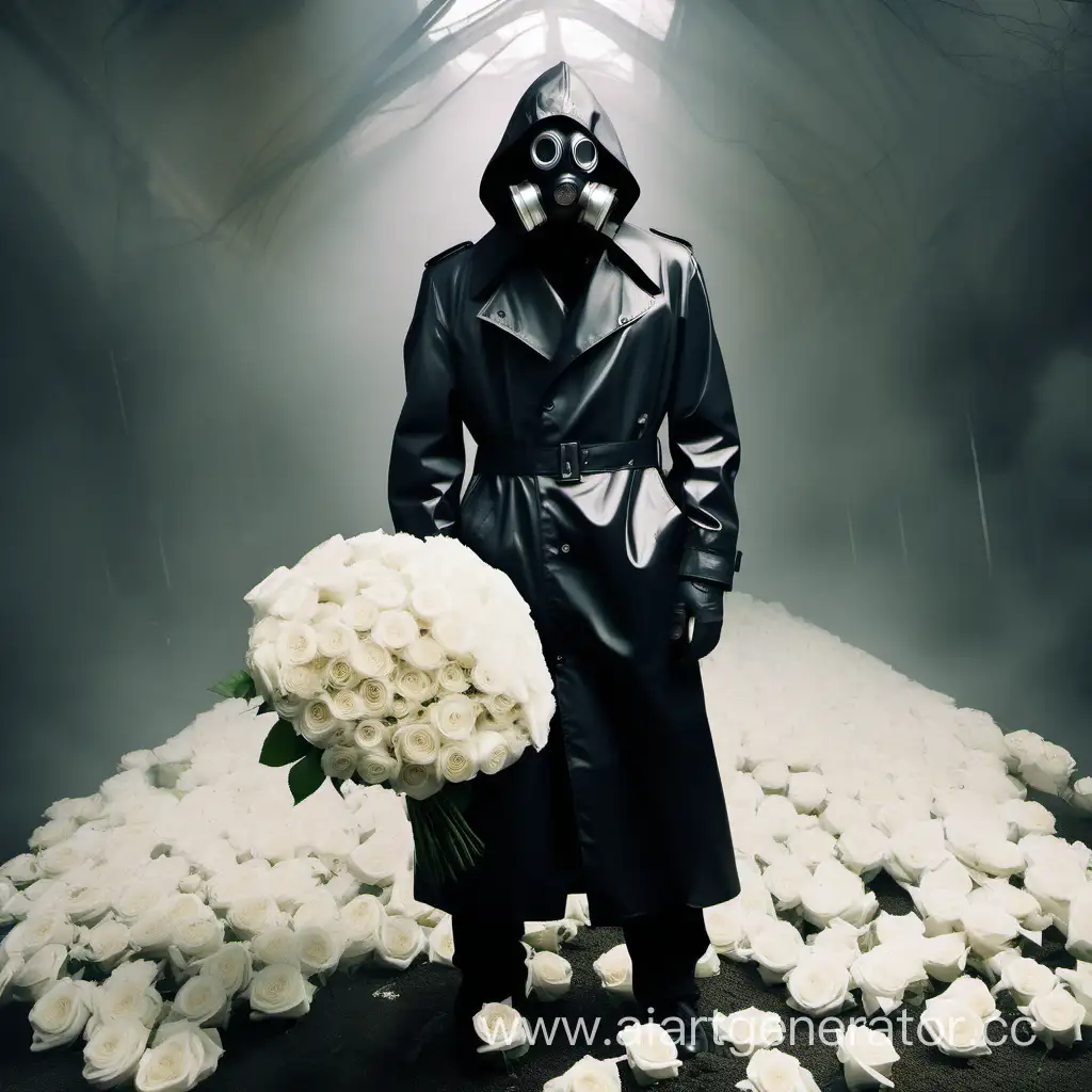 Mysterious-Man-in-Latex-Trench-Coat-Holding-White-Roses