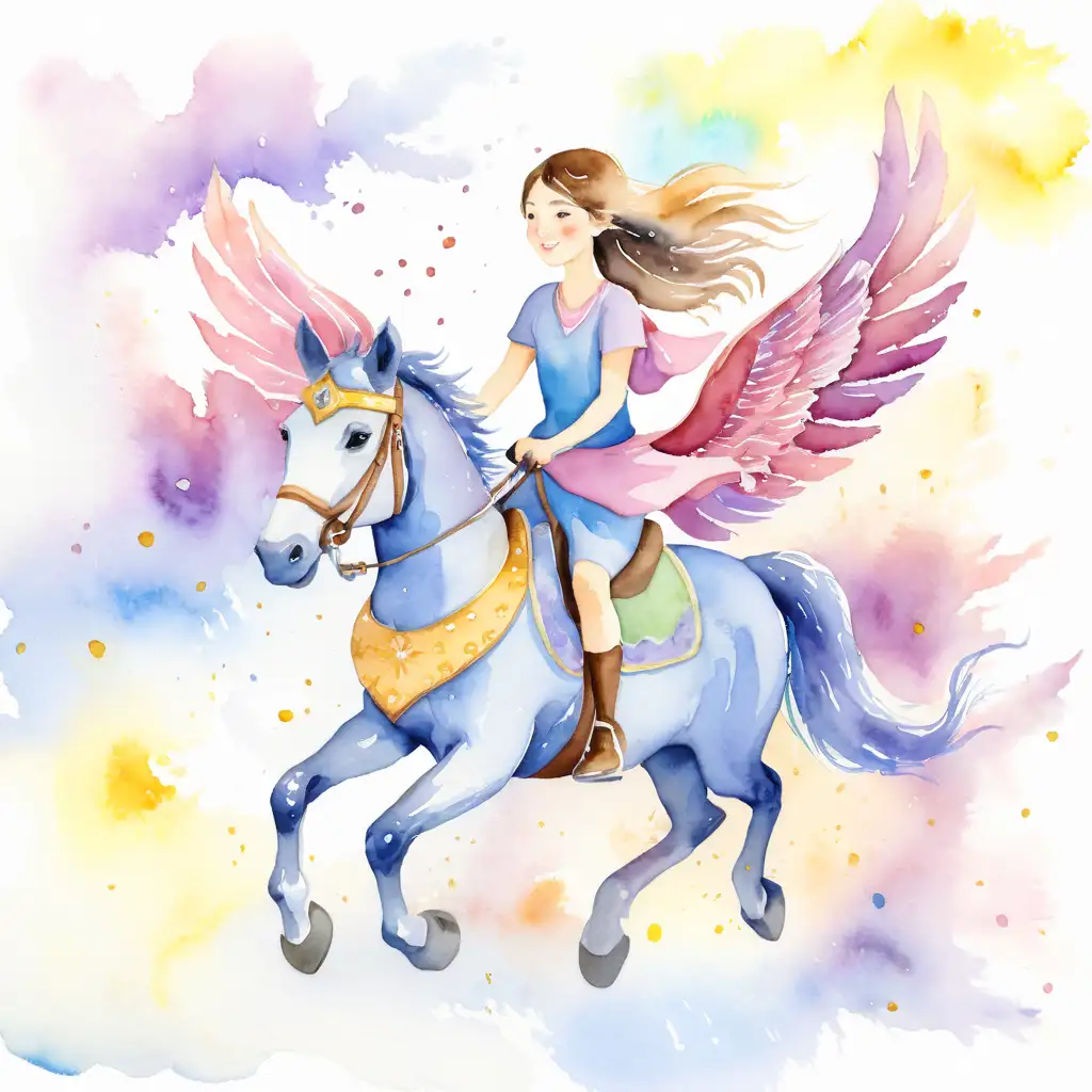 Enchanting Watercolor Illustration of a Girl Riding a Majestic Flying Horse