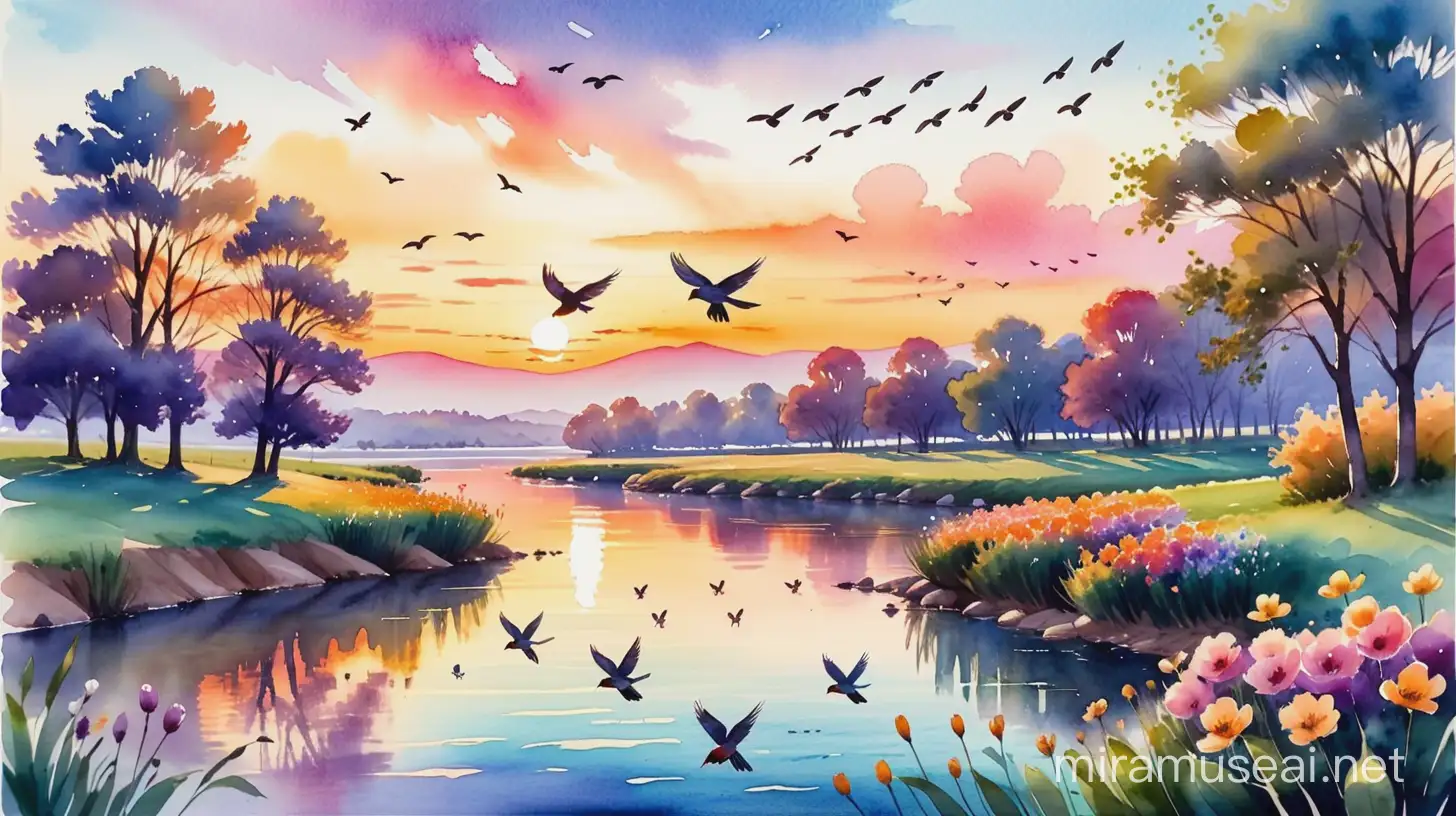 Tranquil River Sunset with Floral Shoreline and Flying Birds Watercolor Painting