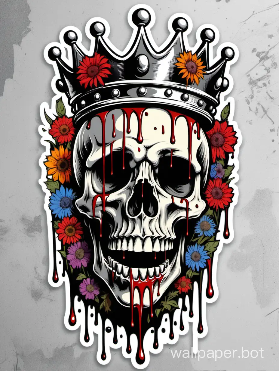skull wearing a dripping colorful broken crown, crazy laugh, skull face, open mouth assimetrical, alphonse mucha poster, highcontrast wildflowers dripping paint,william morris background, stencil art,  hiperdetailed lineart , black,gray, red, sticker art