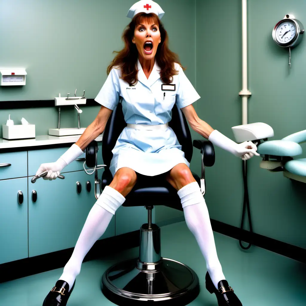 carol alt screams in the dentist's chair wearing her nurse UNIFORM, long white otc socks and black patent horsebit loafers full figure photorealistic