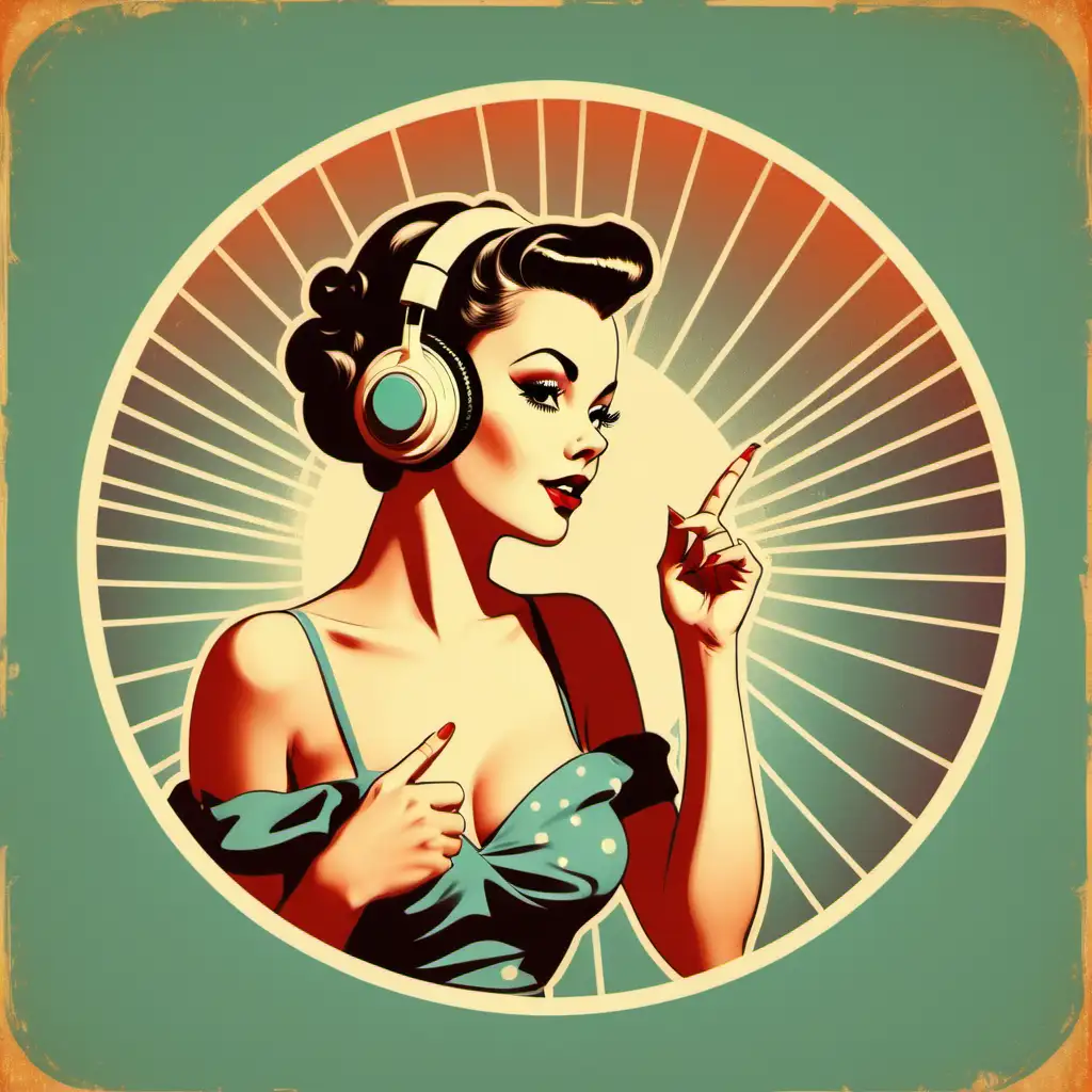 Elegant Vintage Lady in Pinup Style with Retro Vinyl Elements