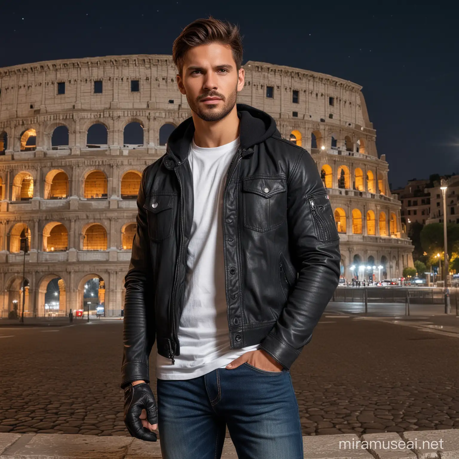 Stylish Man Posing at Night by Colosseum in High Definition