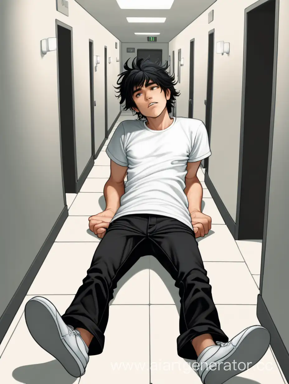 Парень с черными растрепанными волосами, в белой футболке и черных штанах, лежит в коридоре 