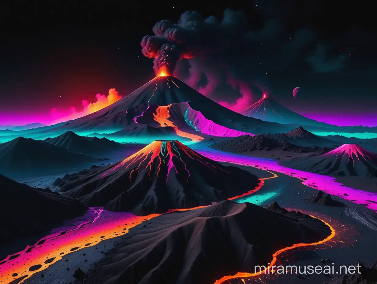 Futuristic Volcanic Landscape in Neon Colors Under a Starless Black Sky