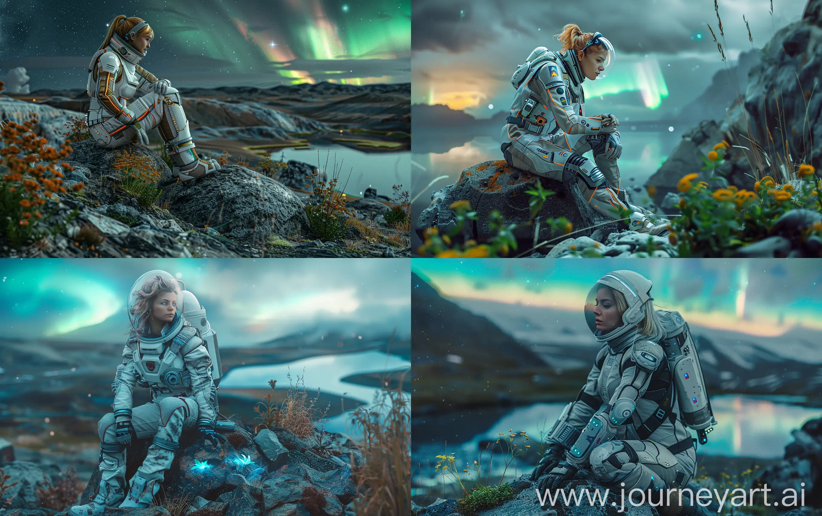a fair hair attractive woman in a spacesuit stays on a rock, she exploring an alternative planet with fiction plants, friendly fiction life forms around, sci-fi nature, small lake, northern lights anomalies at the distance, super realistic, cinematic --ar 16:10