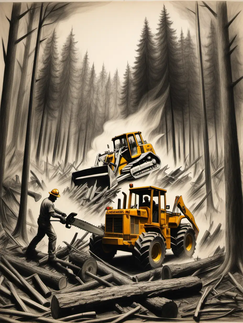 A charcoal drawing showing a bulldozer and a forest worker cutting a tree with a chainsaw to create a fireline to stop an approaching wildfire