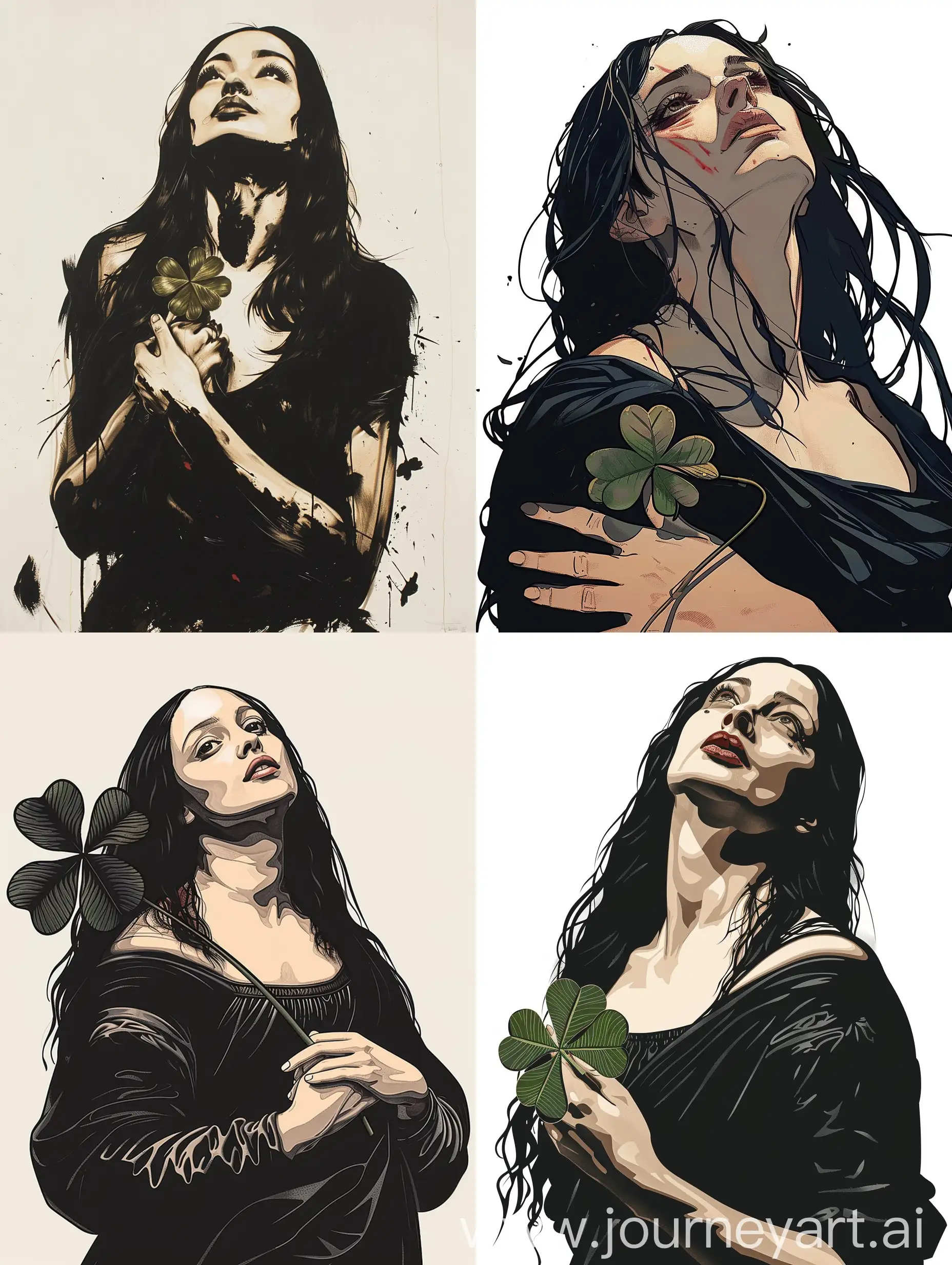 Mona Lisa, looking up, top view, full-length, holding a large leaf of clover near her chest, cartoon style, colors black, with small red accents, on a white background, mascara, Herluf Bidstrup style