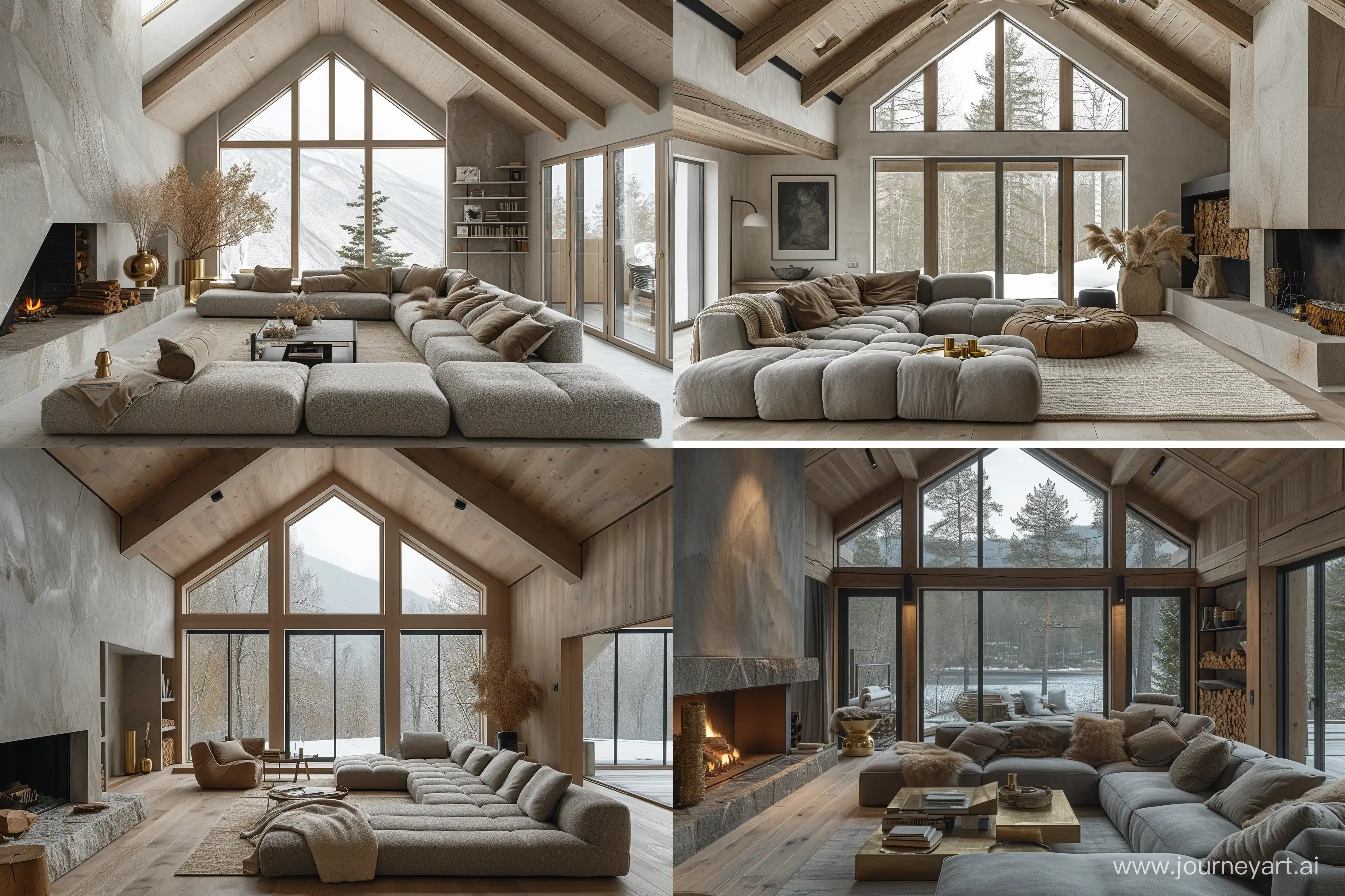 large living room with high ceilings, with a large gray sofa, fireplace, panoramic window, natural materials, brass, natural stone, beautiful minimalistic textiles are used in the interior --s 750 --ar 3:2
