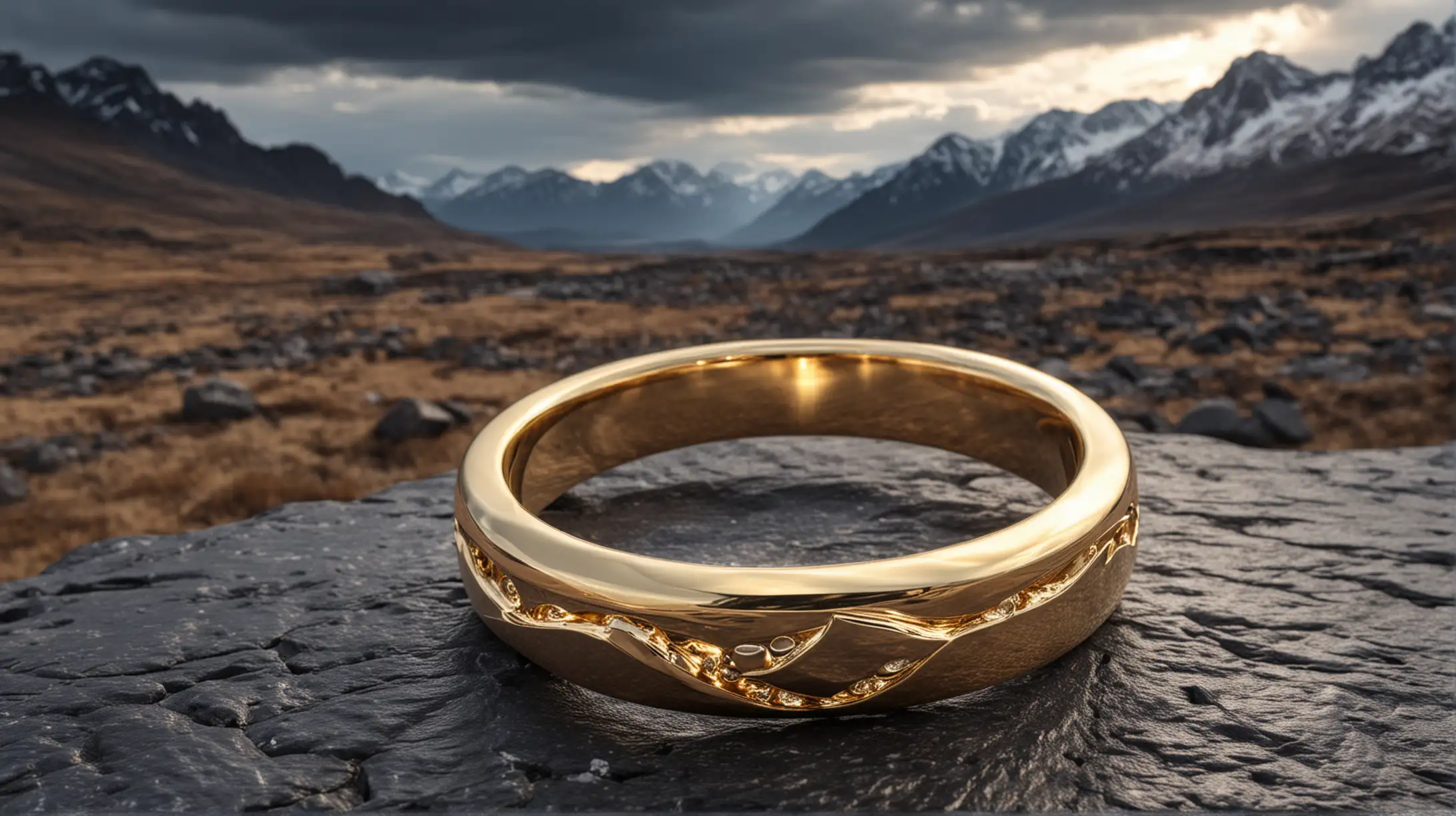 Gleaming Golden Ring Resting on Stone Amidst Majestic Mountain Range