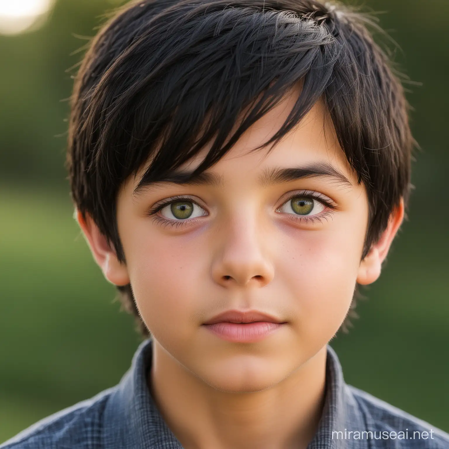 olive skinned preteen boy, with bright eyes, and coarse straight black hair