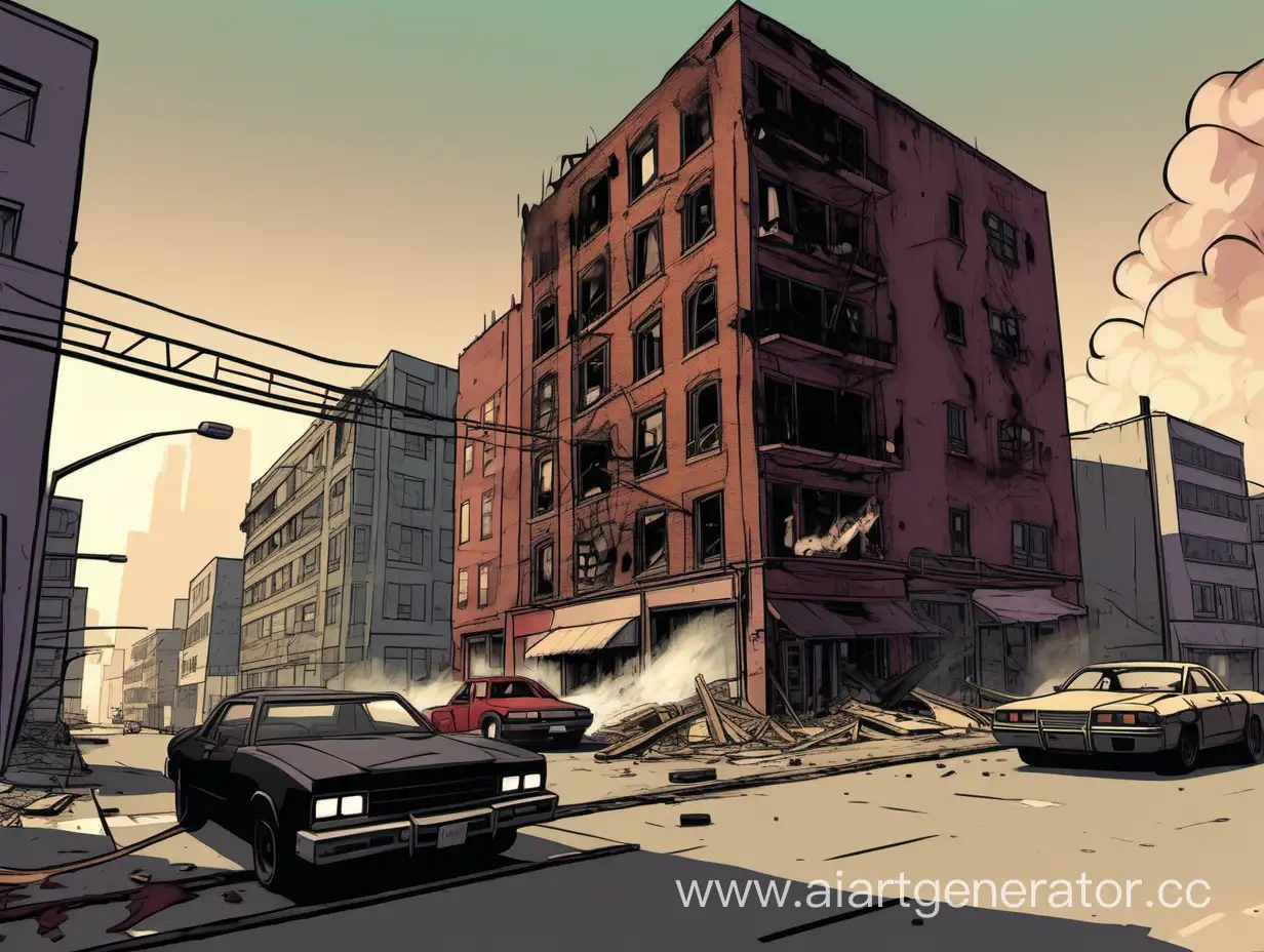  нарисуй улицы стиле игры гта
с многоэтажками с дымом и разрухой
гангстерские районы