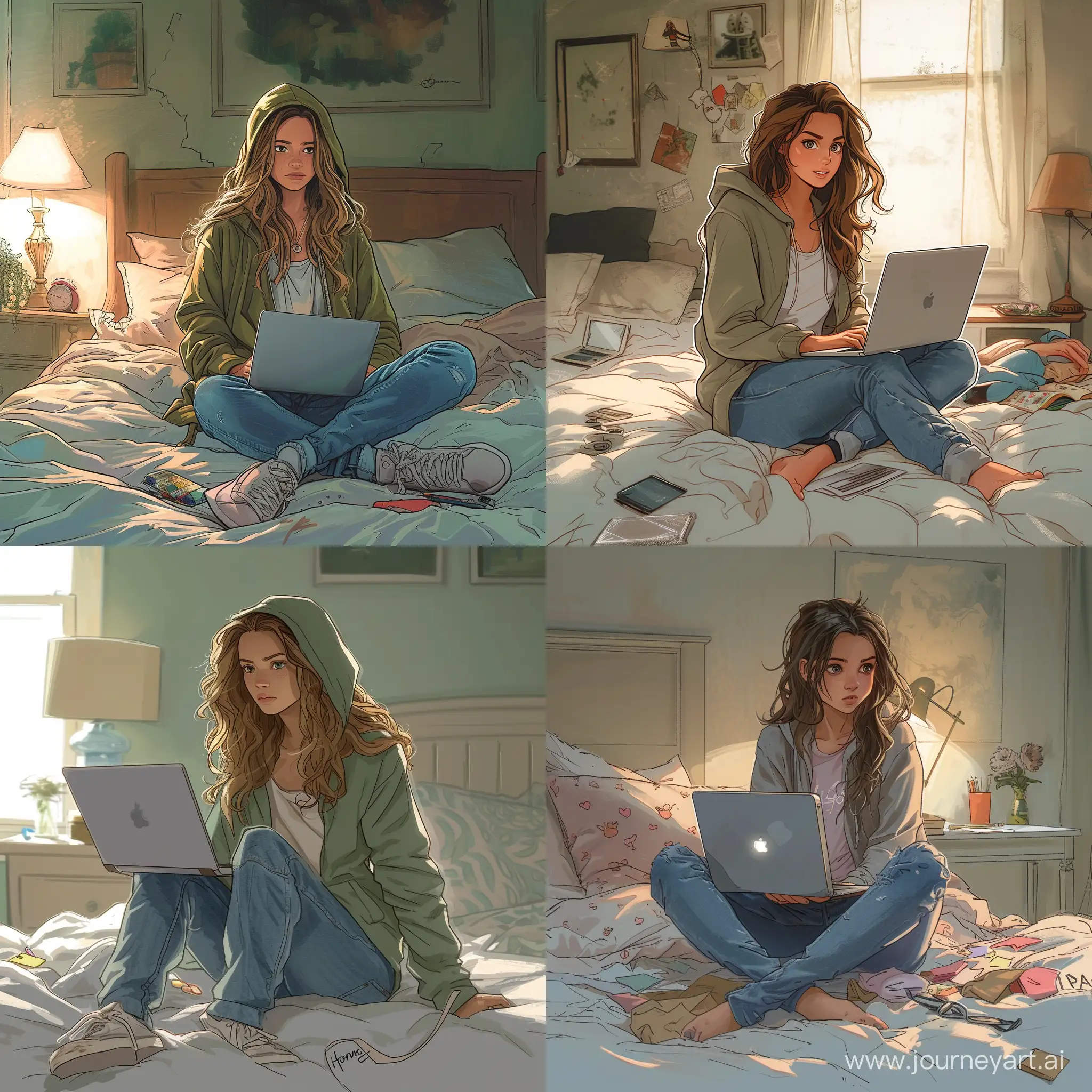 Indiana evans, Bella from h2o, teenager, 15 years old, hoodie, jeans, laptop, sitting on the bed in the bedroom, mess, high quality, high detail, cartoon art