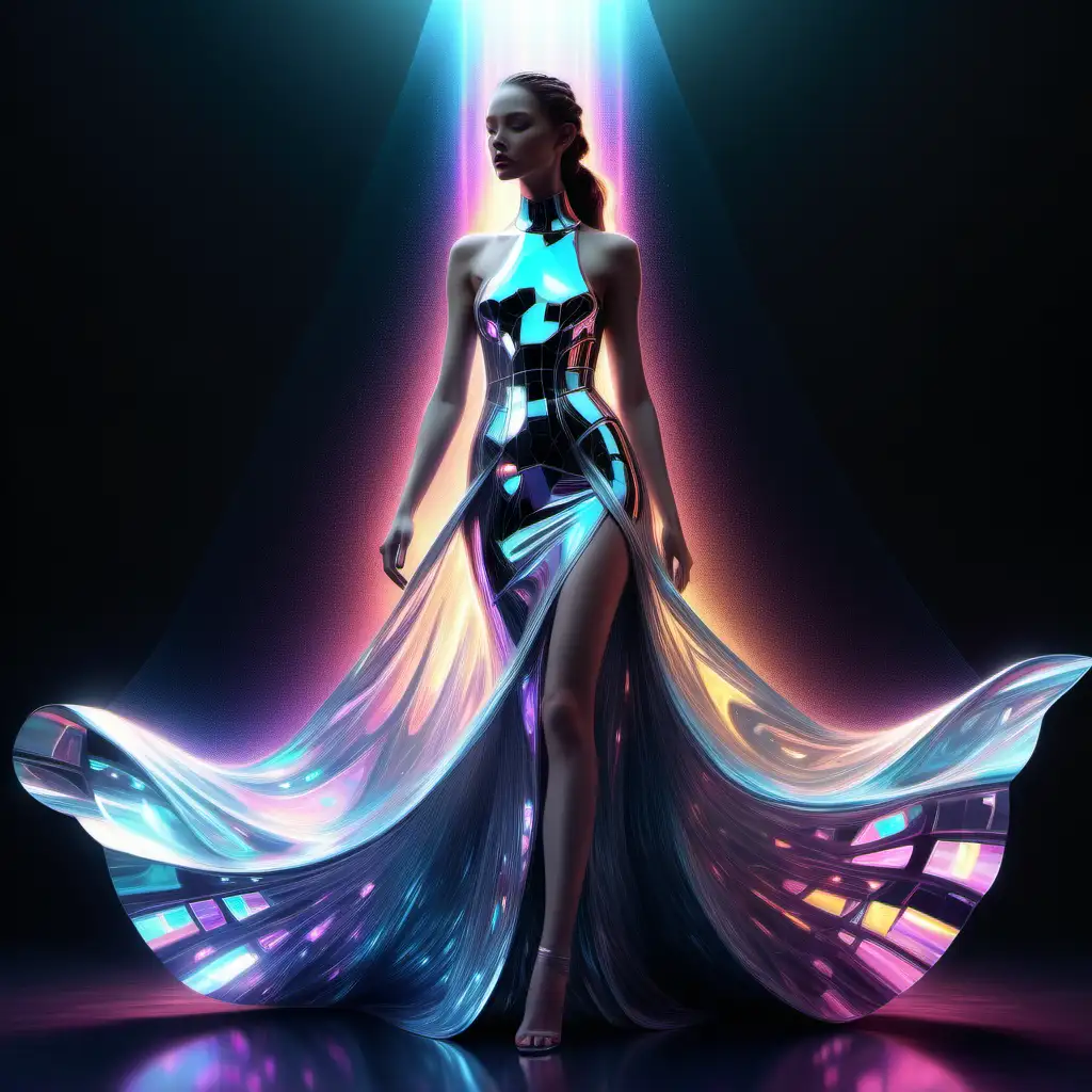 In a futuristic world, a holographic gown shimmers in an array of ethereal hues, casting a mesmerizing glow. This exquisite piece is showcased in a digital painting, capturing its translucent beauty and intricate details with stunning realism. The intricate patterns and holographic textures create a sense of depth and movement, elevating the image to an otherworldly level of artistry. The high resolution and vivid colors make every pixel of this creation a masterpiece of modern digital design.