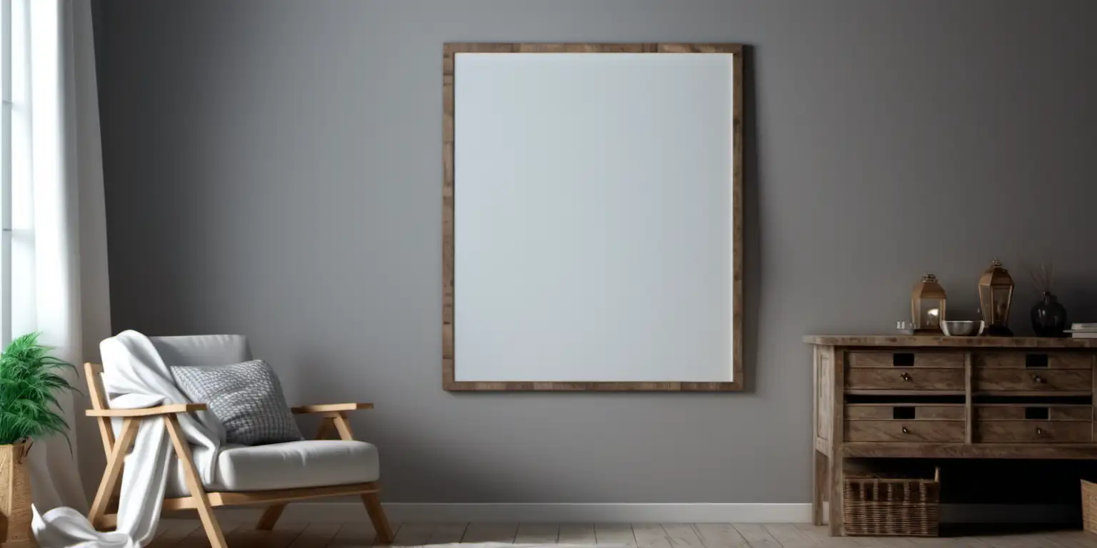 wooden poster white blank frame mockup, reflection, shadow overlay, cozy living room, farmhouse stlyle, warm room, 4K, exclude random objects,