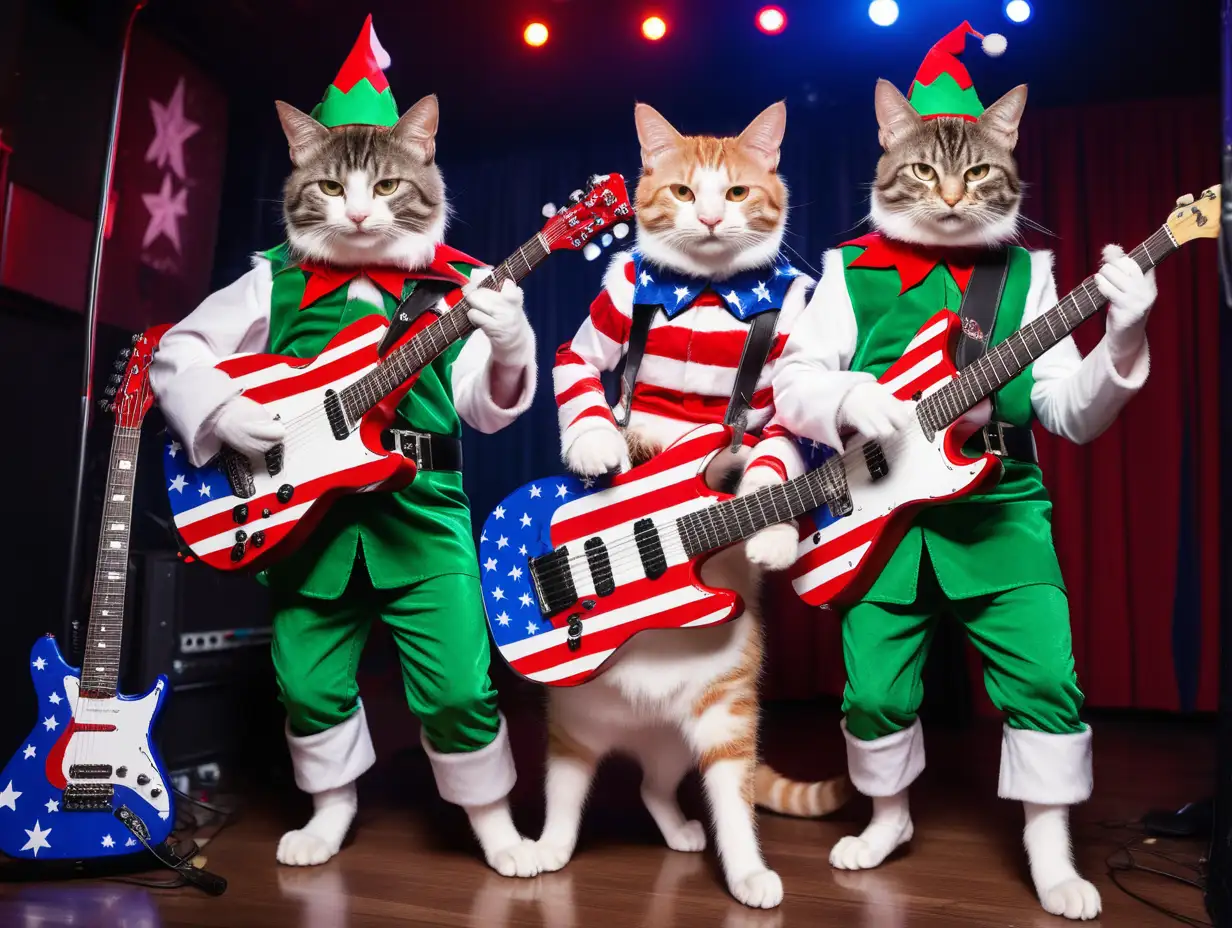 3 cats playing stars and stripes guitars wearing elf costumes on a night club stage