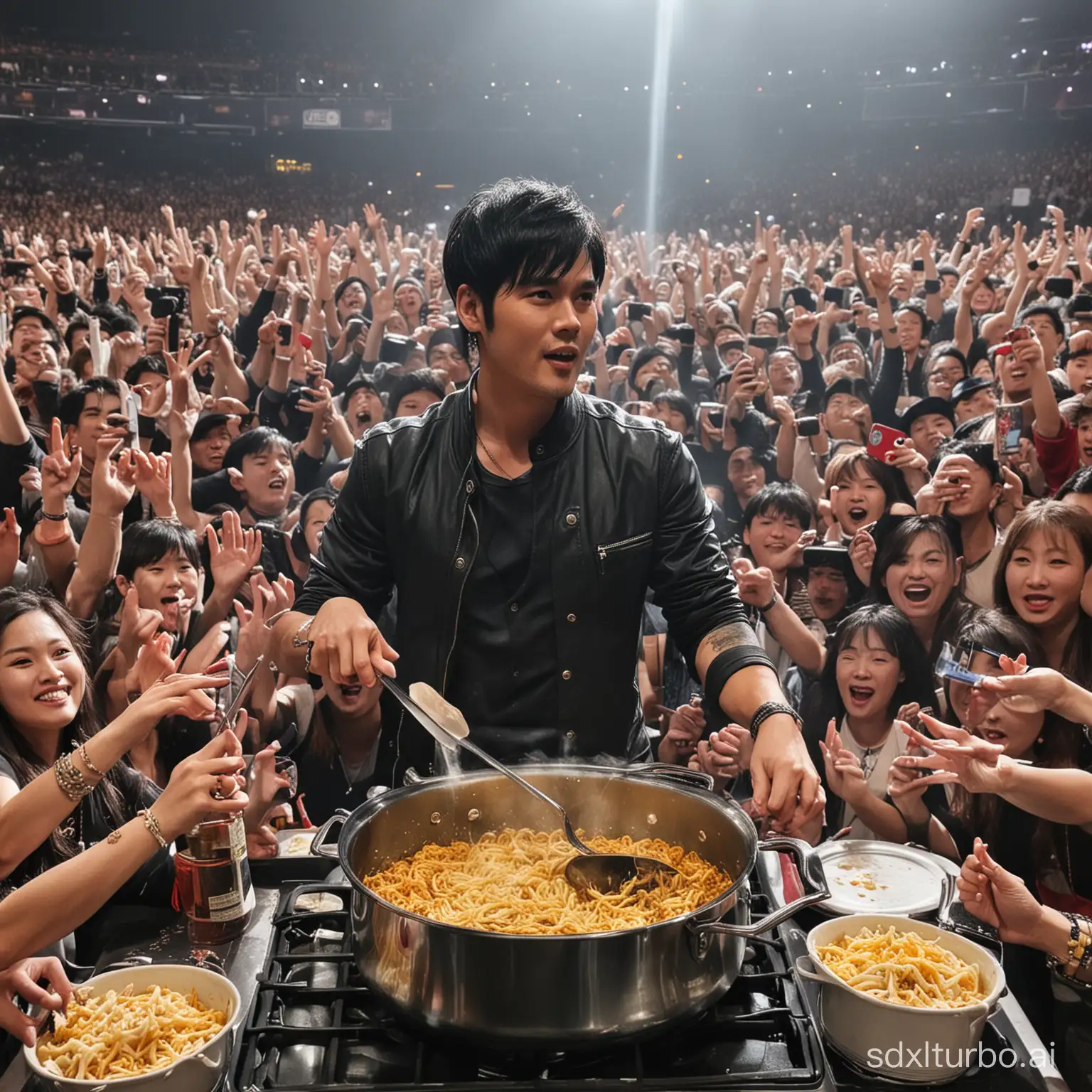 The singer Jay Chou is cooking at his own concert, surrounded by fans watching.