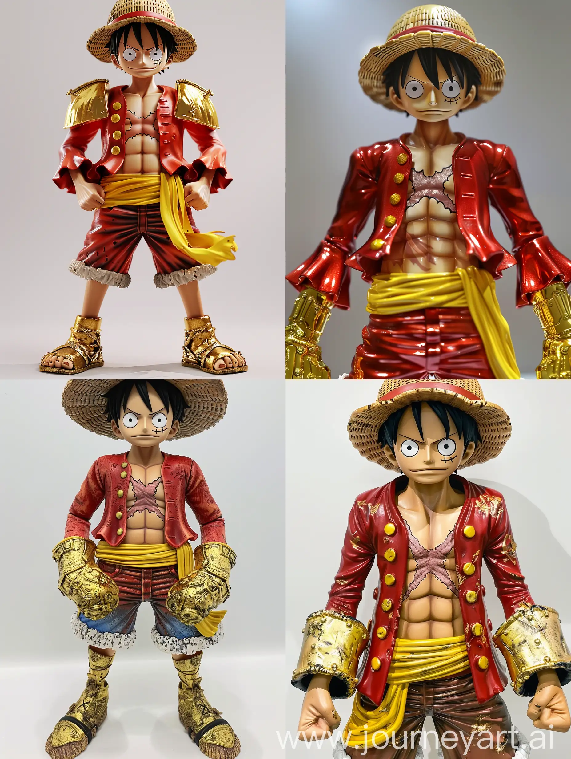 (Monkey d luffy ((red and yellow large pirate jacket))), with ((gold armoured plates))) ((MAKE HIM THE RICHEST MAN IN THE WORLD (FULL BODY WITH BOOTS VIEW))) ((ANIME ART STYLE)) ULTRA DETAILEDD