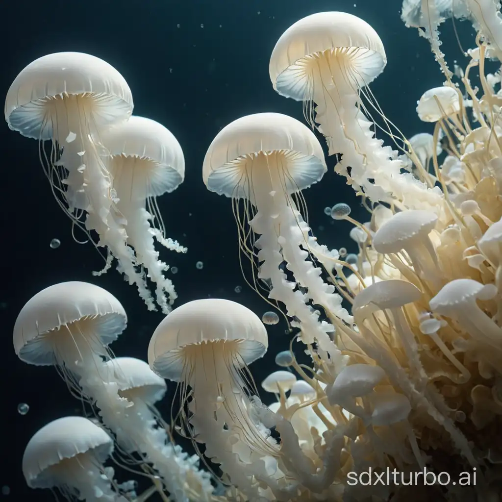 Dreamlike-Scene-of-Brilliant-White-Jellyfishes-in-the-Deep-Sea